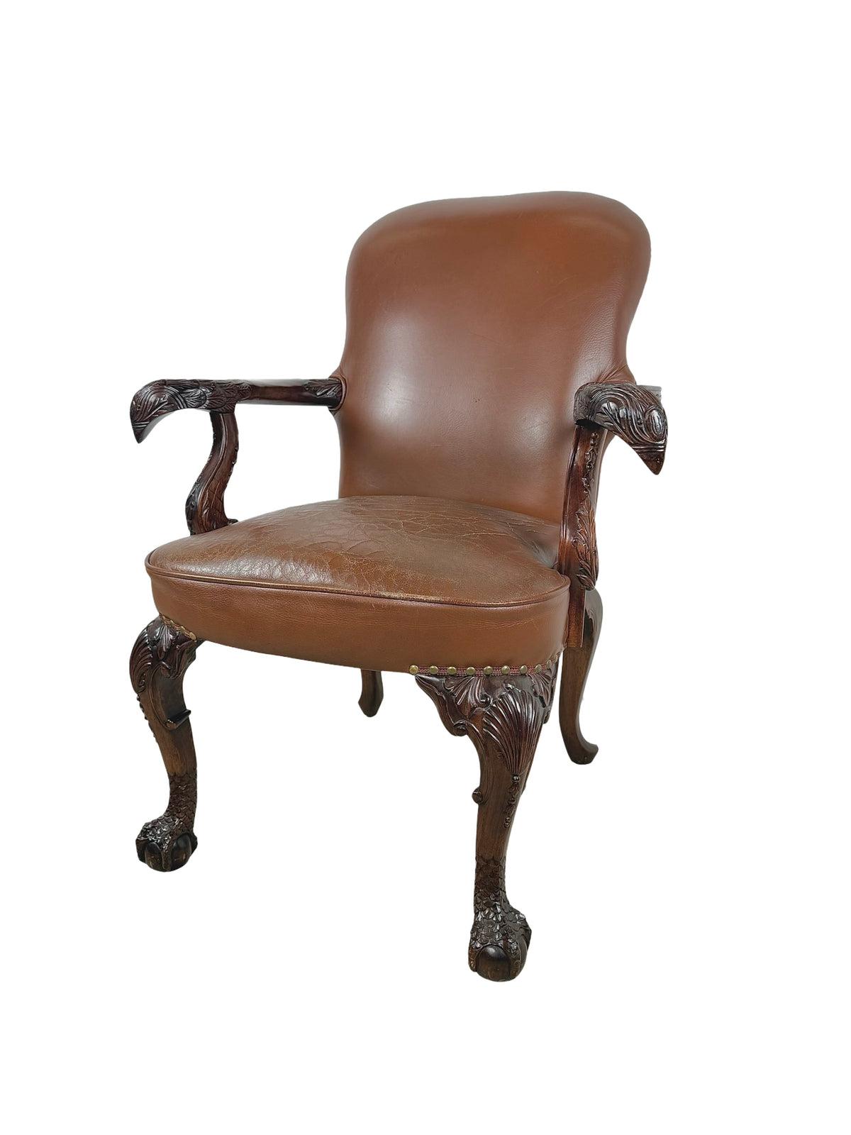 Vintage Maitland-Smith Carved Wood & Brown Leather Armchair