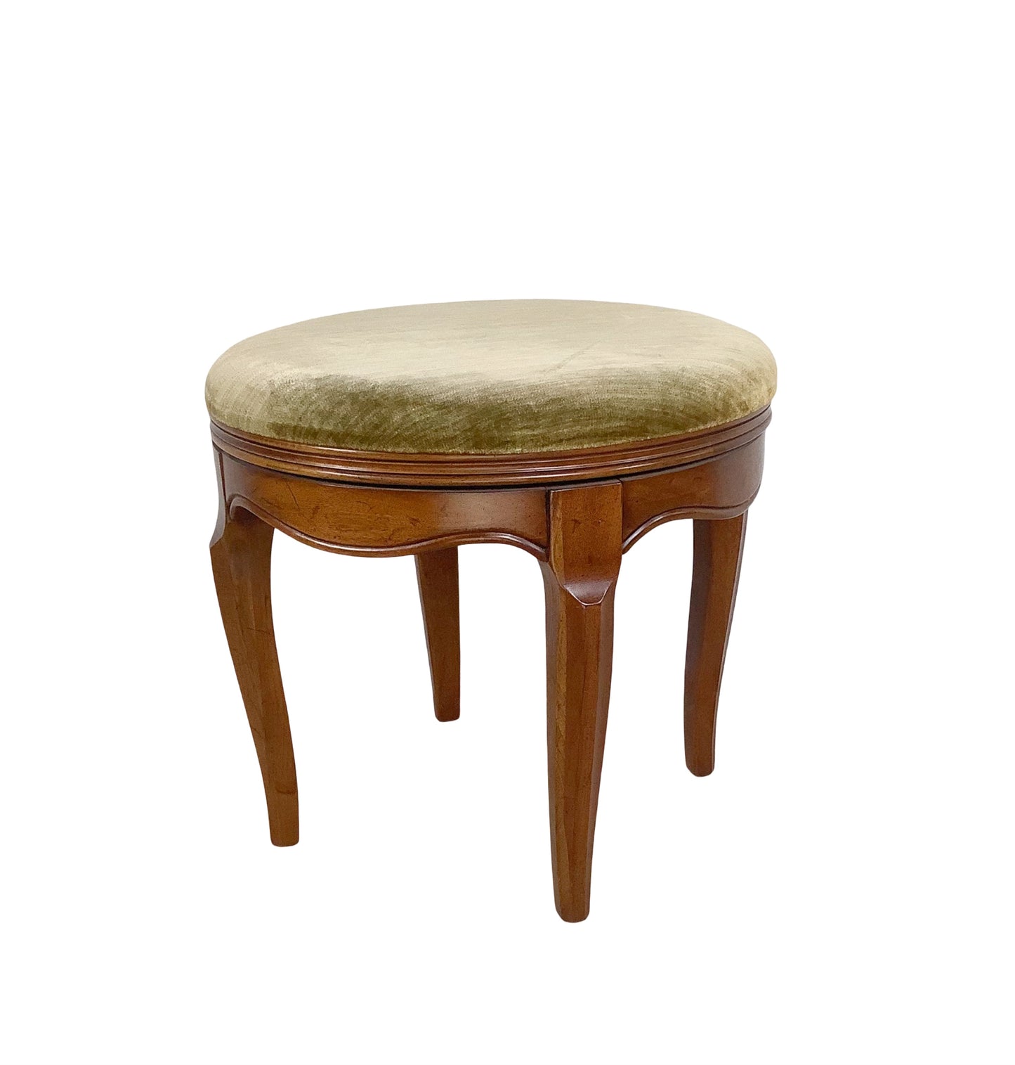 Vintage French Provincial Swivel Stool —Sage Velvet, Cabriole Legs, Mid-Century