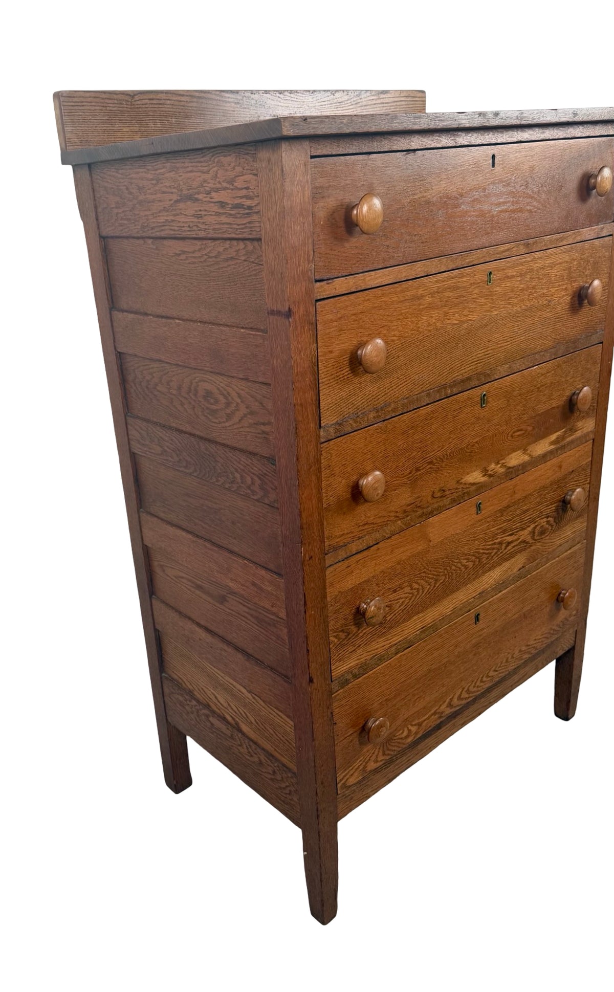 Antique Early 1900s Oak Five-Drawer Tall Chest of Drawers