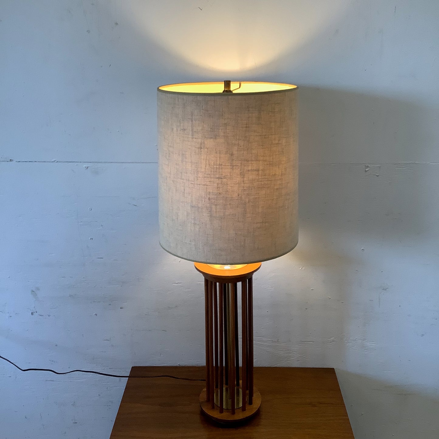 Vintage Mid-Century Walnut Dowel Table Lamp with Linen Drum Shade
