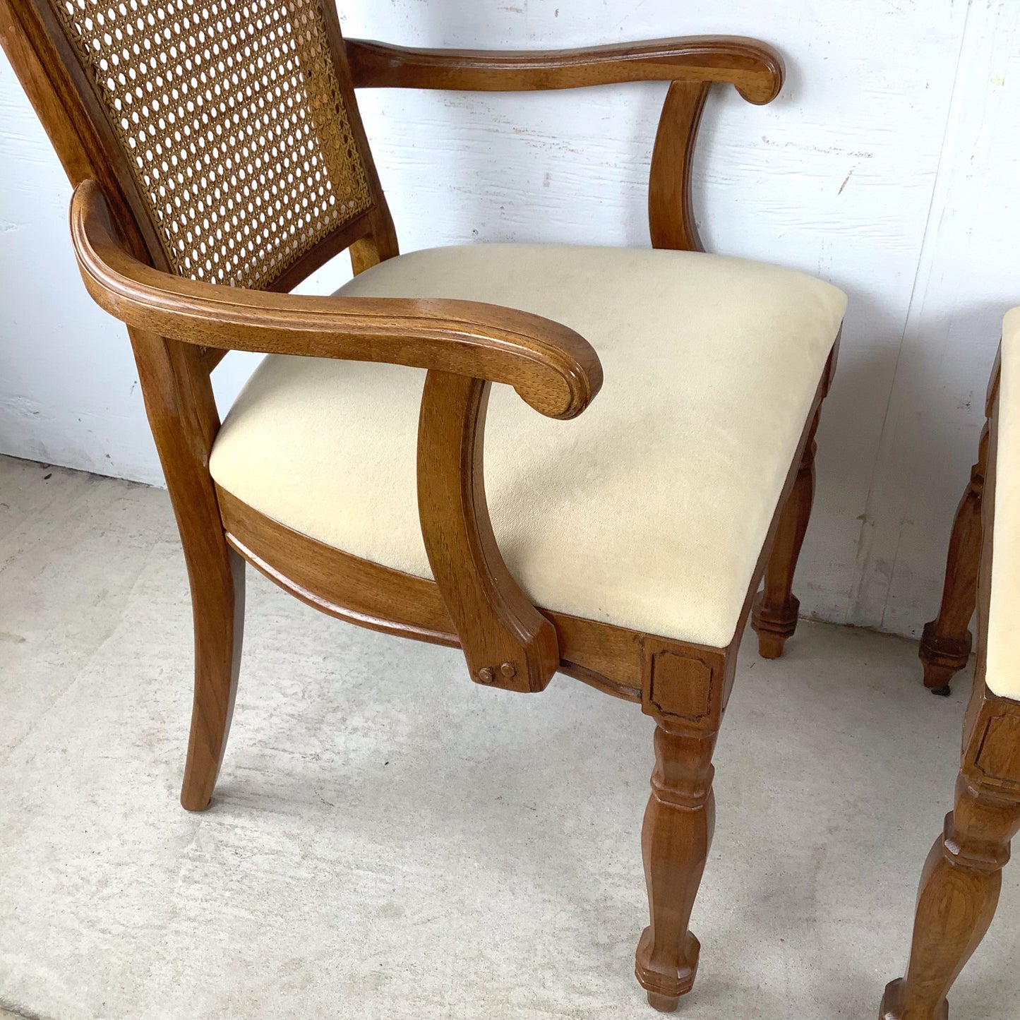 Pair of Vintage Provincial High-Back Cane Armchairs — Walnut, Burlwood Crest, 1970s