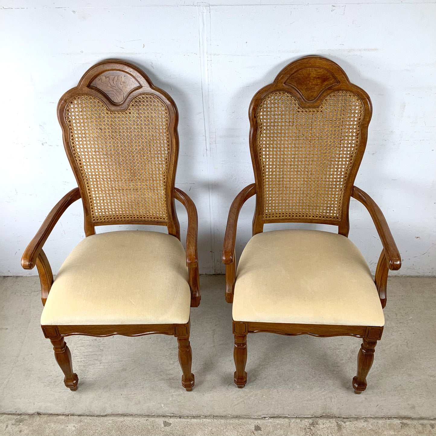 Pair of Vintage Provincial High-Back Cane Armchairs — Walnut, Burlwood Crest, 1970s