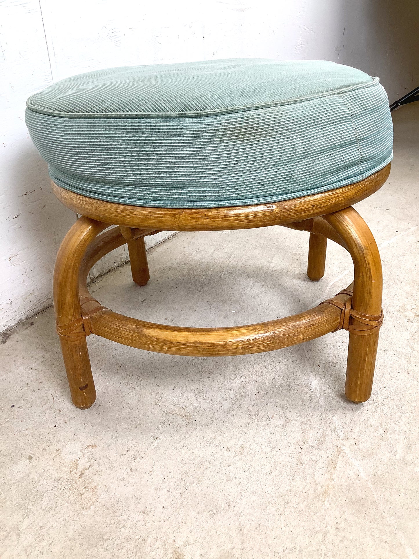 Vintage Rattan Round Ottoman — 1980s Coastal Style, Seafoam Green Upholstery