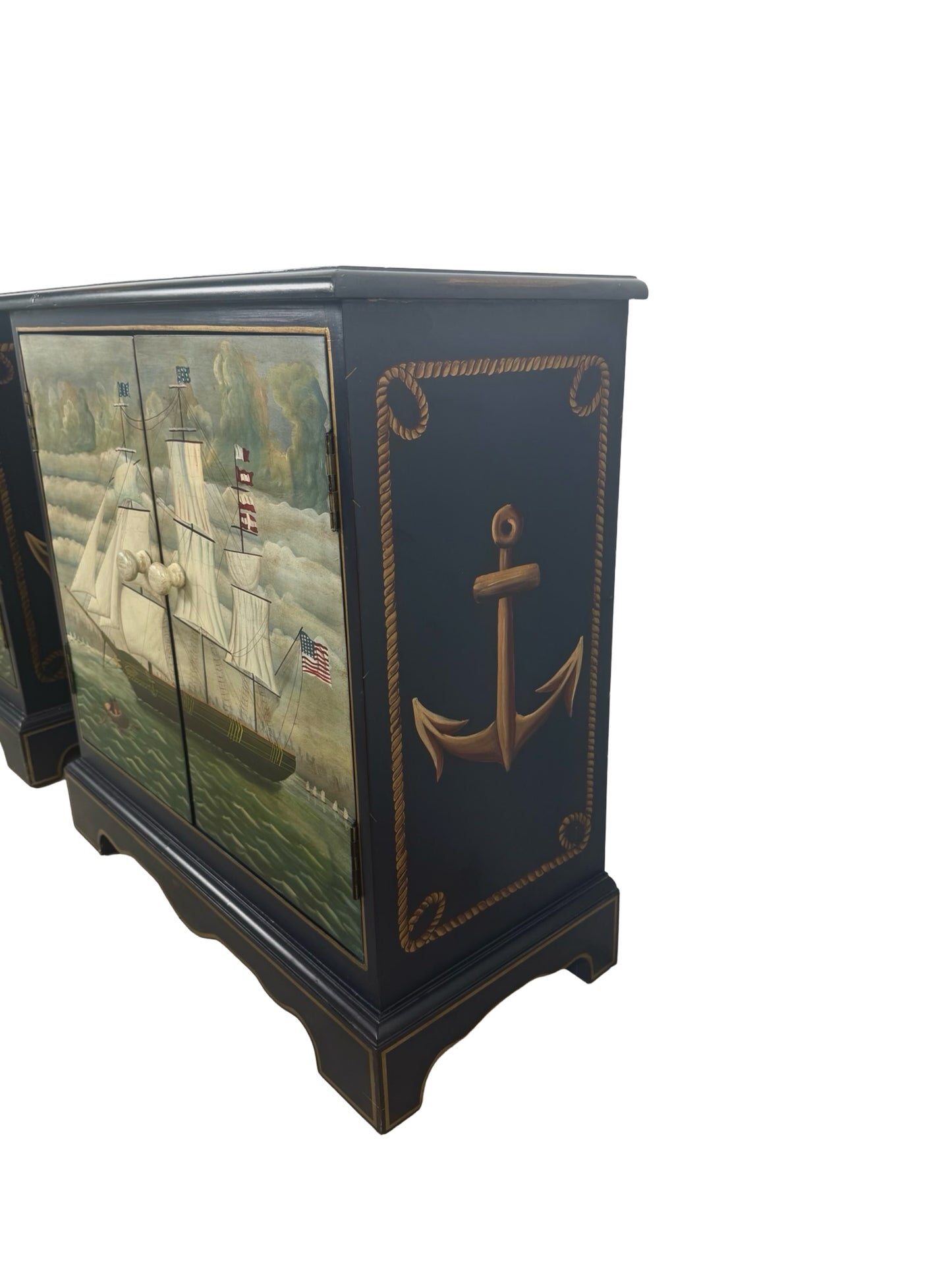 Pair of Hand-Painted Nautical Cabinets — Clipper Ship & Compass Rose Design