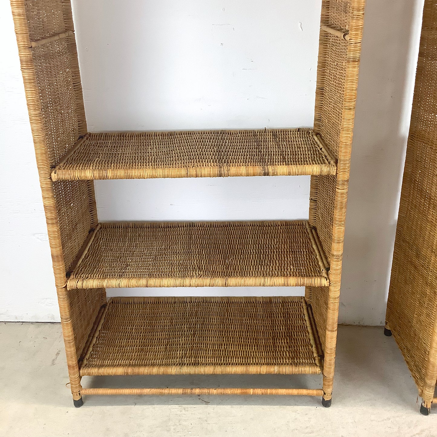 Pair Vintage Rattan Arched Bookcases