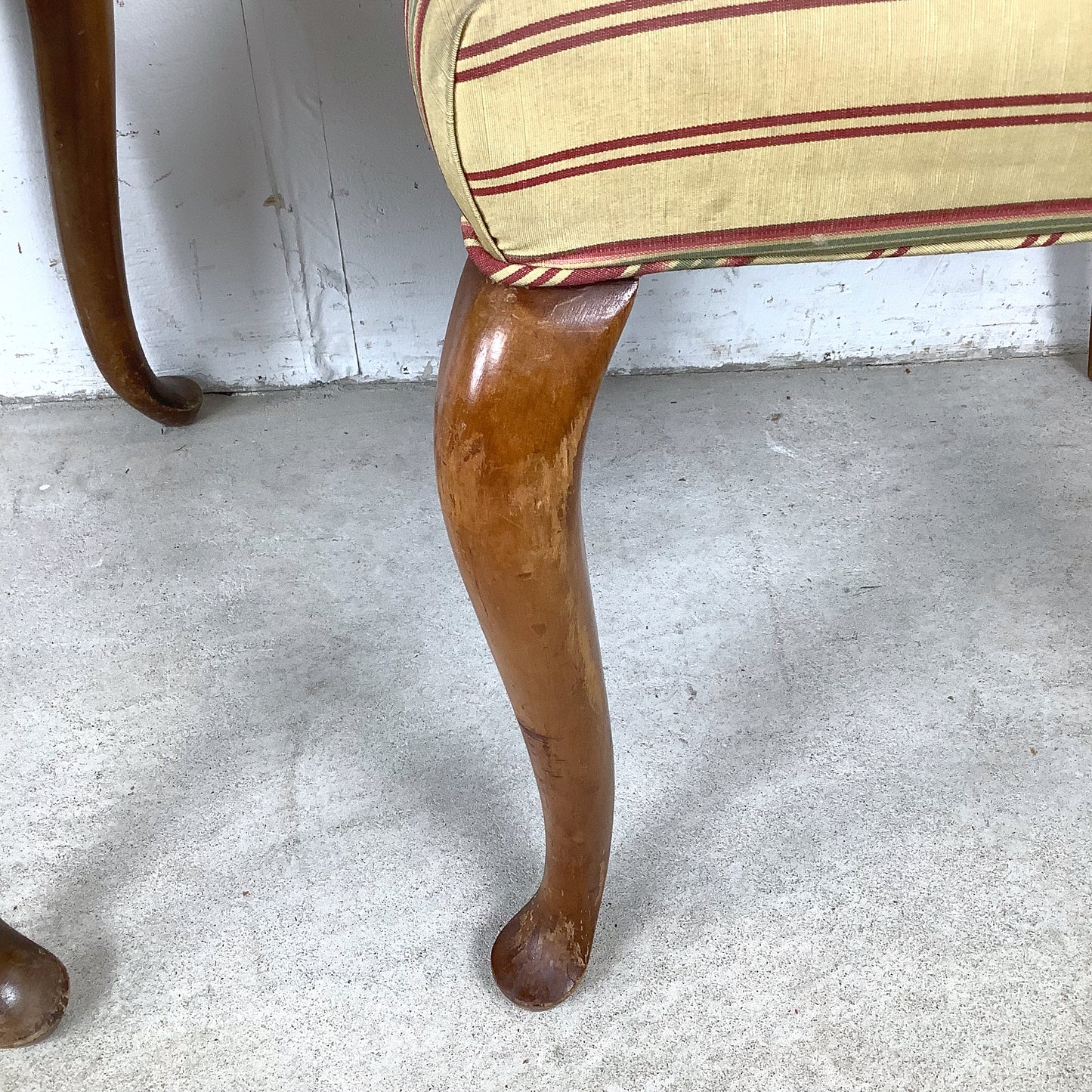 Queen Anne Dining Side Chairs — Set of Four | Walnut Cabriole Legs | Burgundy Stripe Upholstery