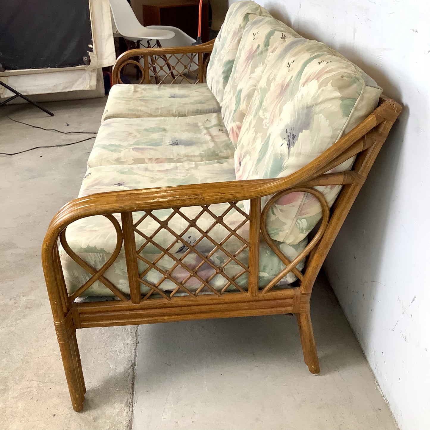 Vintage Rattan Three-Seat Sofa, Diamond Lattice Arms