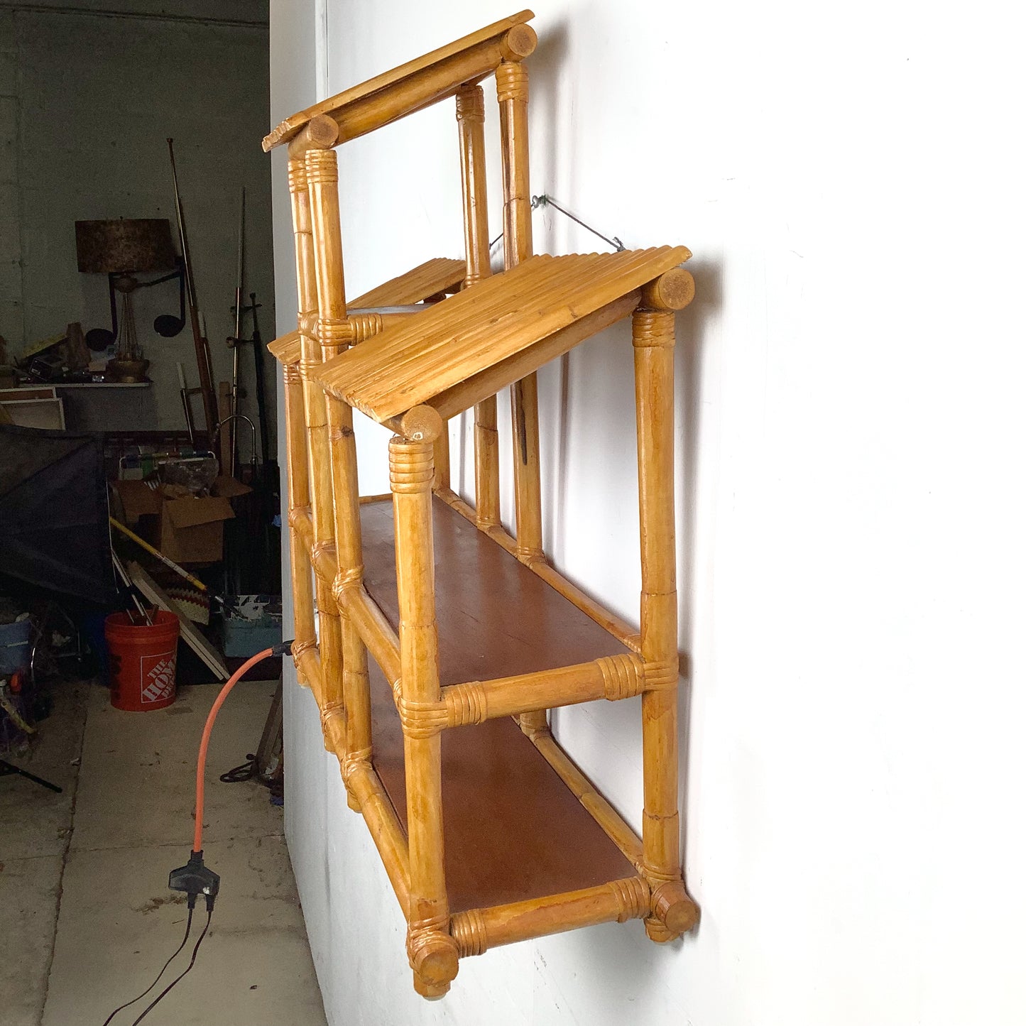 Vintage Bamboo & Rattan Stepped Hanging Wall Shelf | Paul Frankl Skyscraper Style | 1970s Boho Tropical