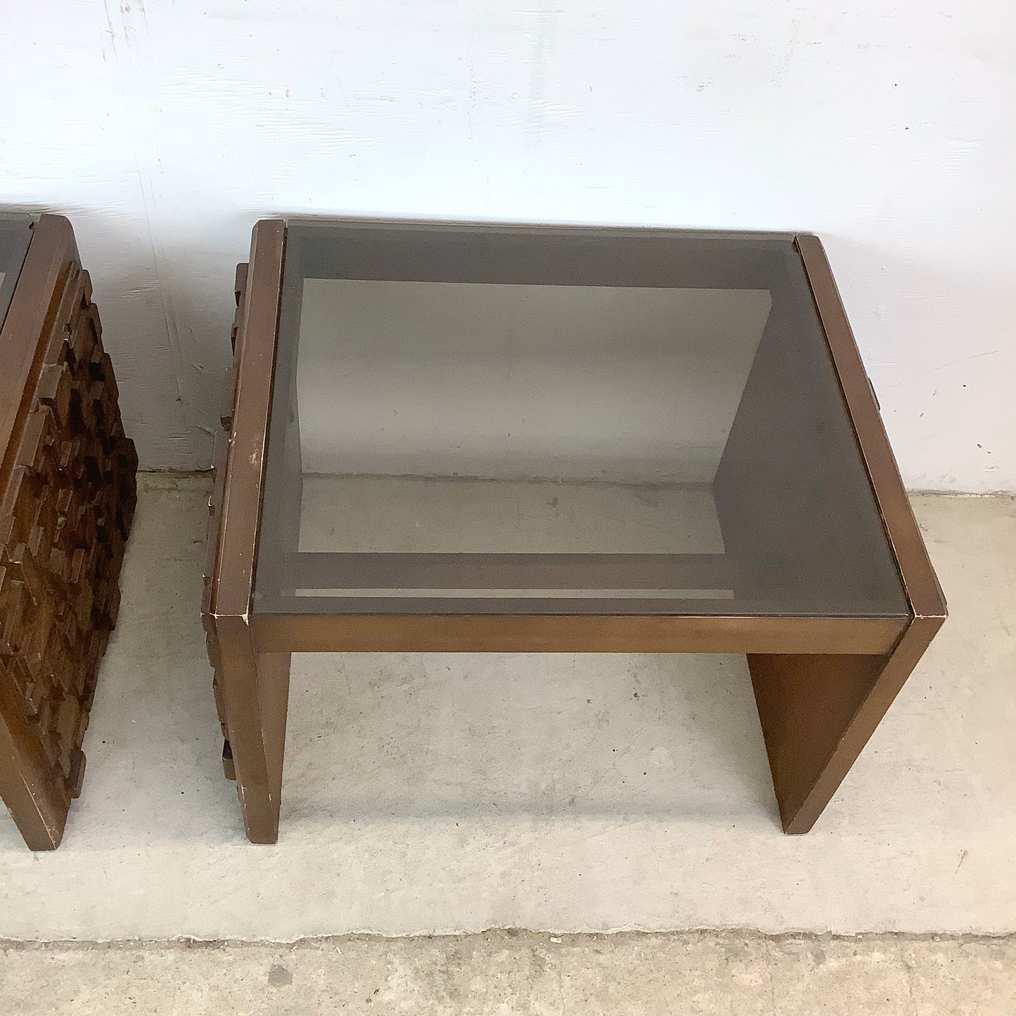 Pair Brutalist Modern Glass Top End Tables