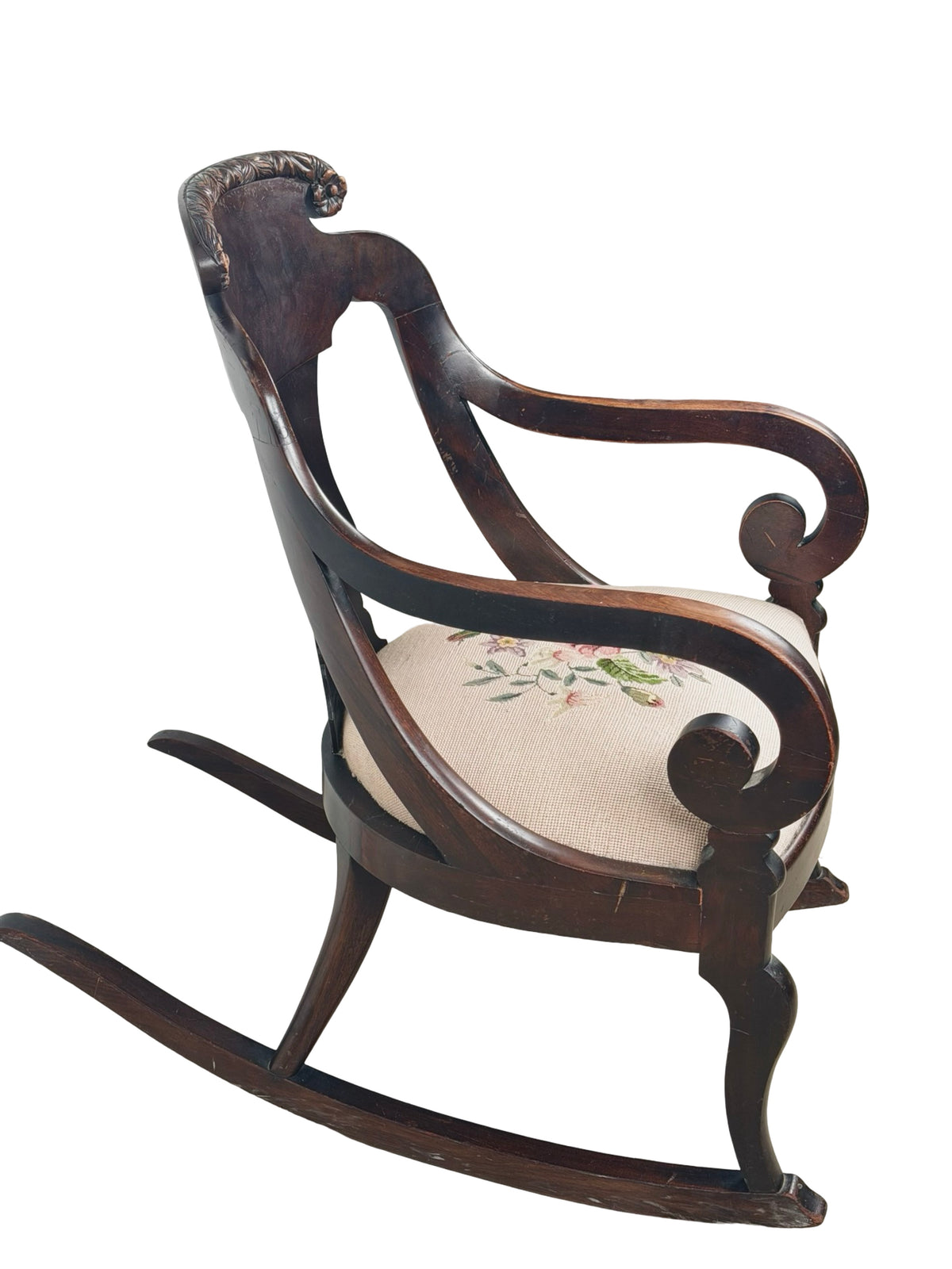 Antique American Classical Carved Wood Rocking Chair with Floral Needlepoint Seat