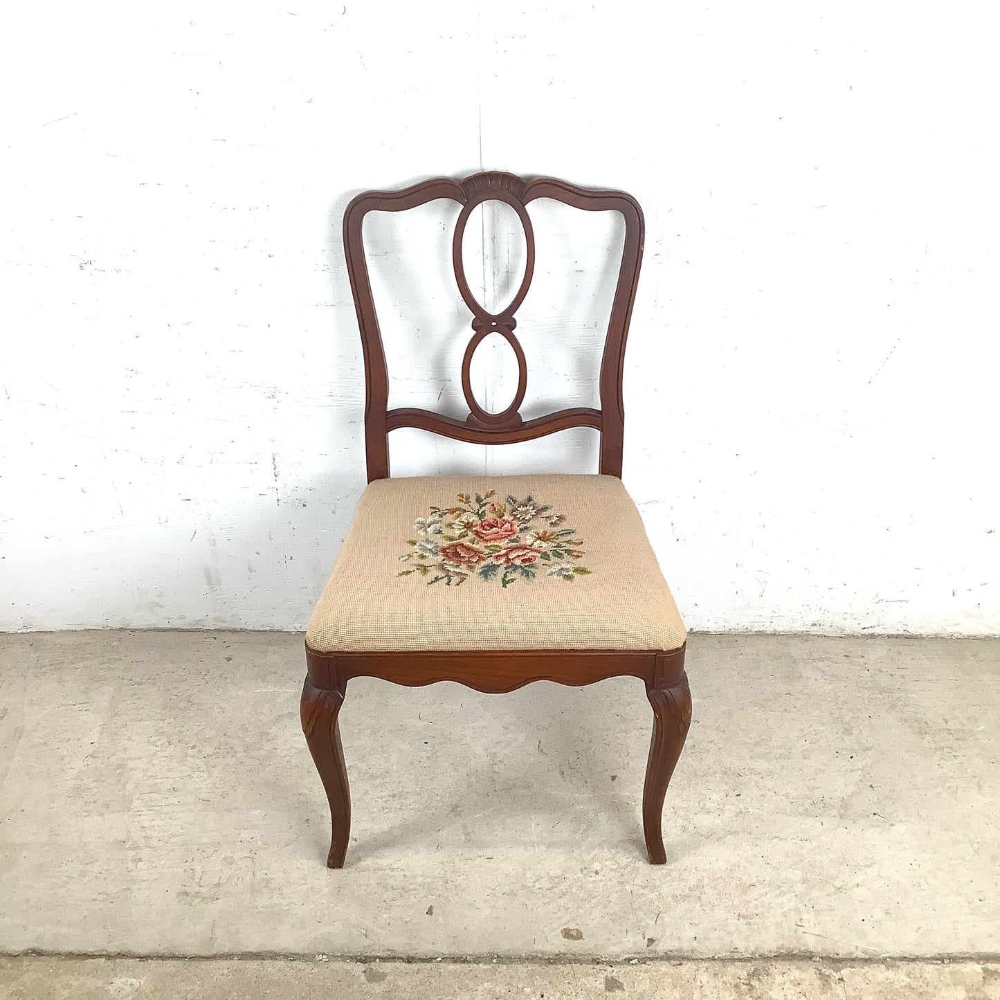 Vintage Queen Anne Style Side Chair with Needlepoint Upholstered Seat