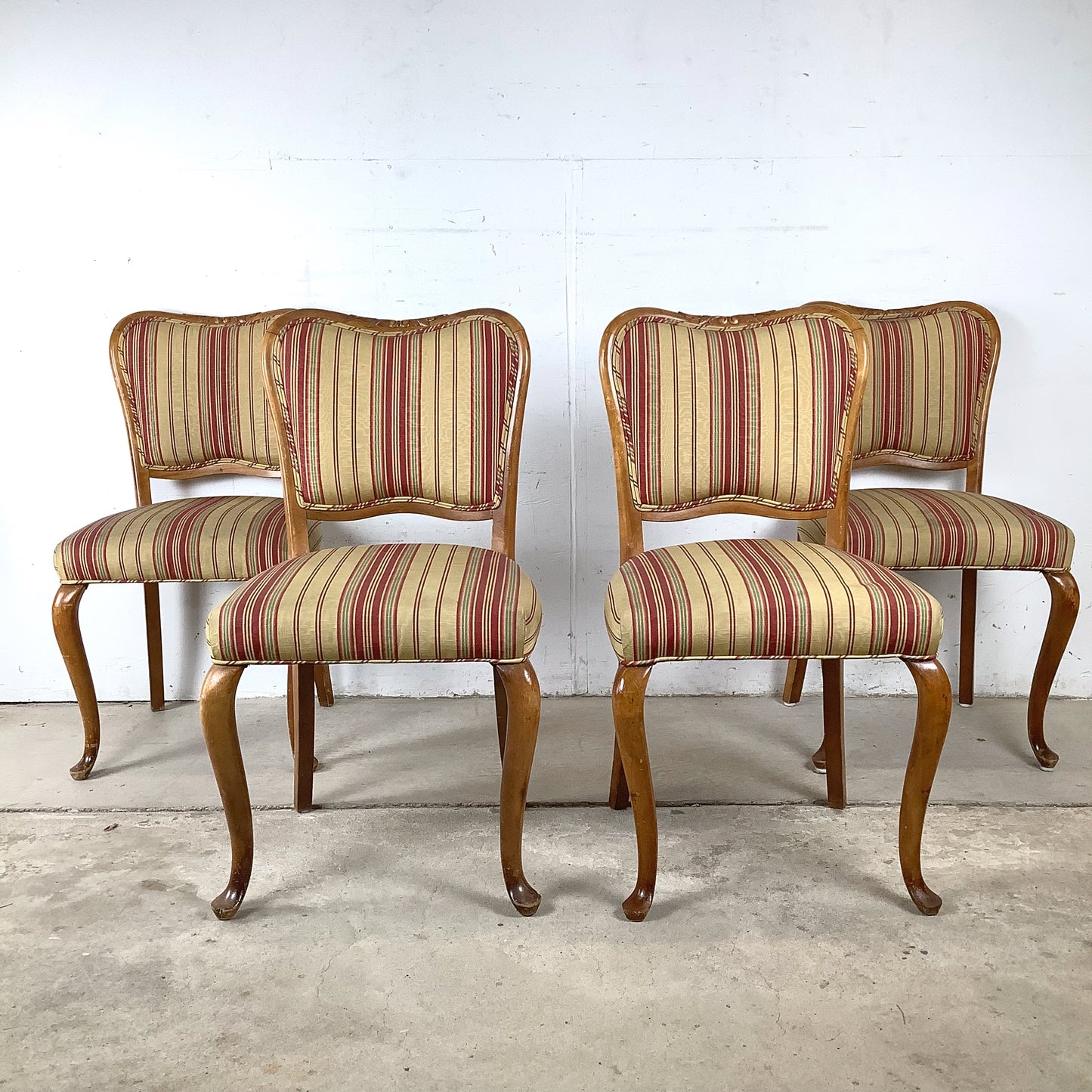 Queen Anne Dining Side Chairs — Set of Four | Walnut Cabriole Legs | Burgundy Stripe Upholstery