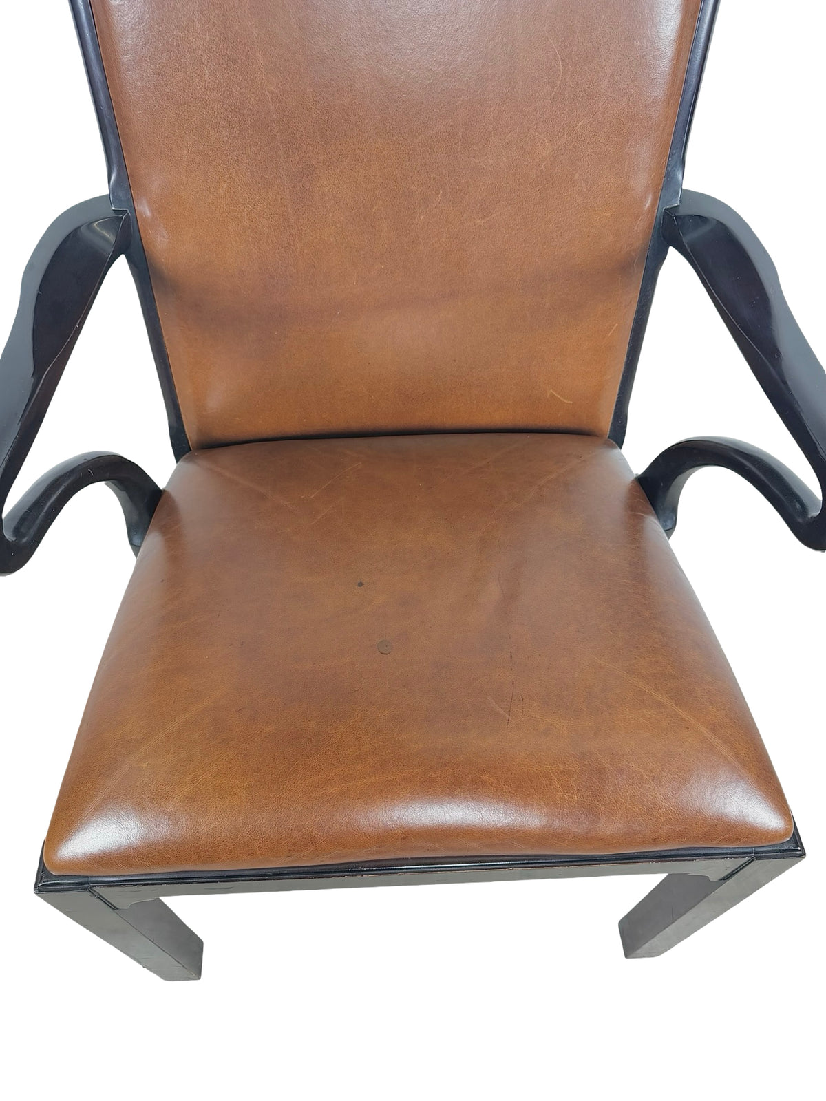 Vintage Baker Furniture Brown Leather & Ebonized Wood Armchair