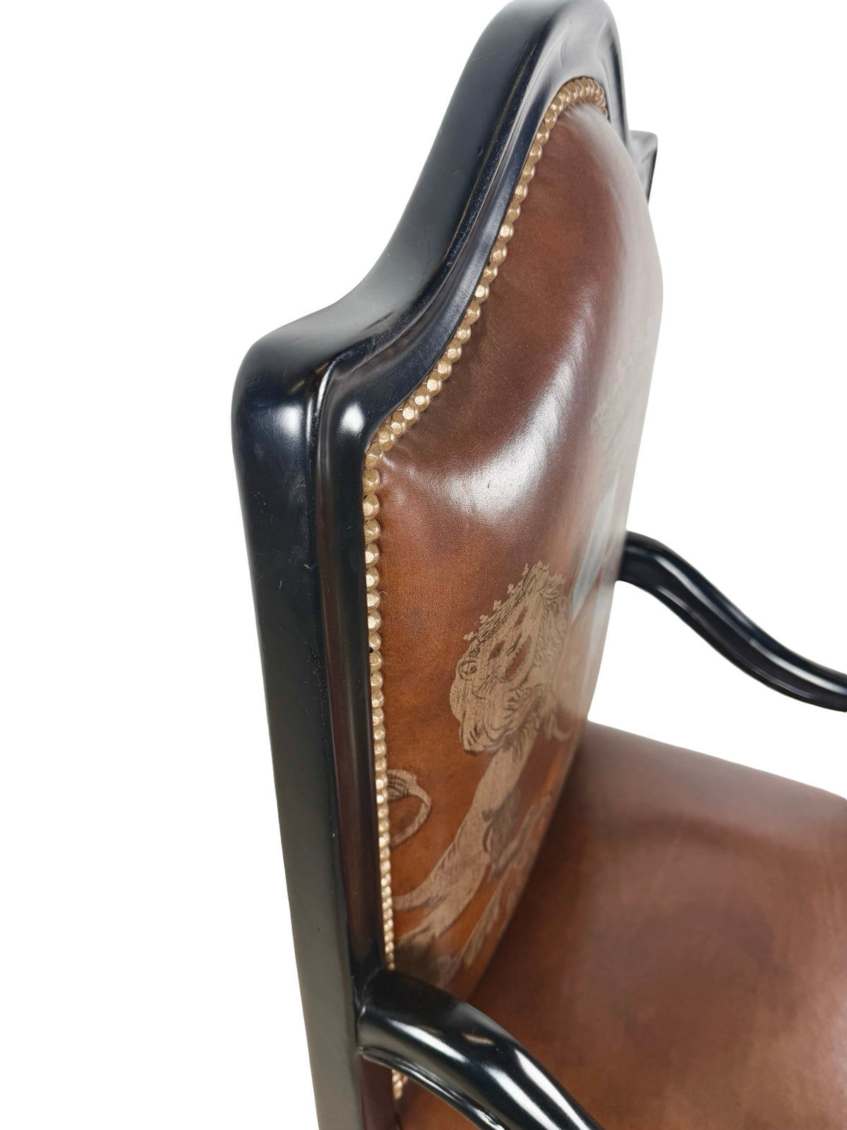 Ferguson Copeland Carved Wood & Leather Crest Armchair