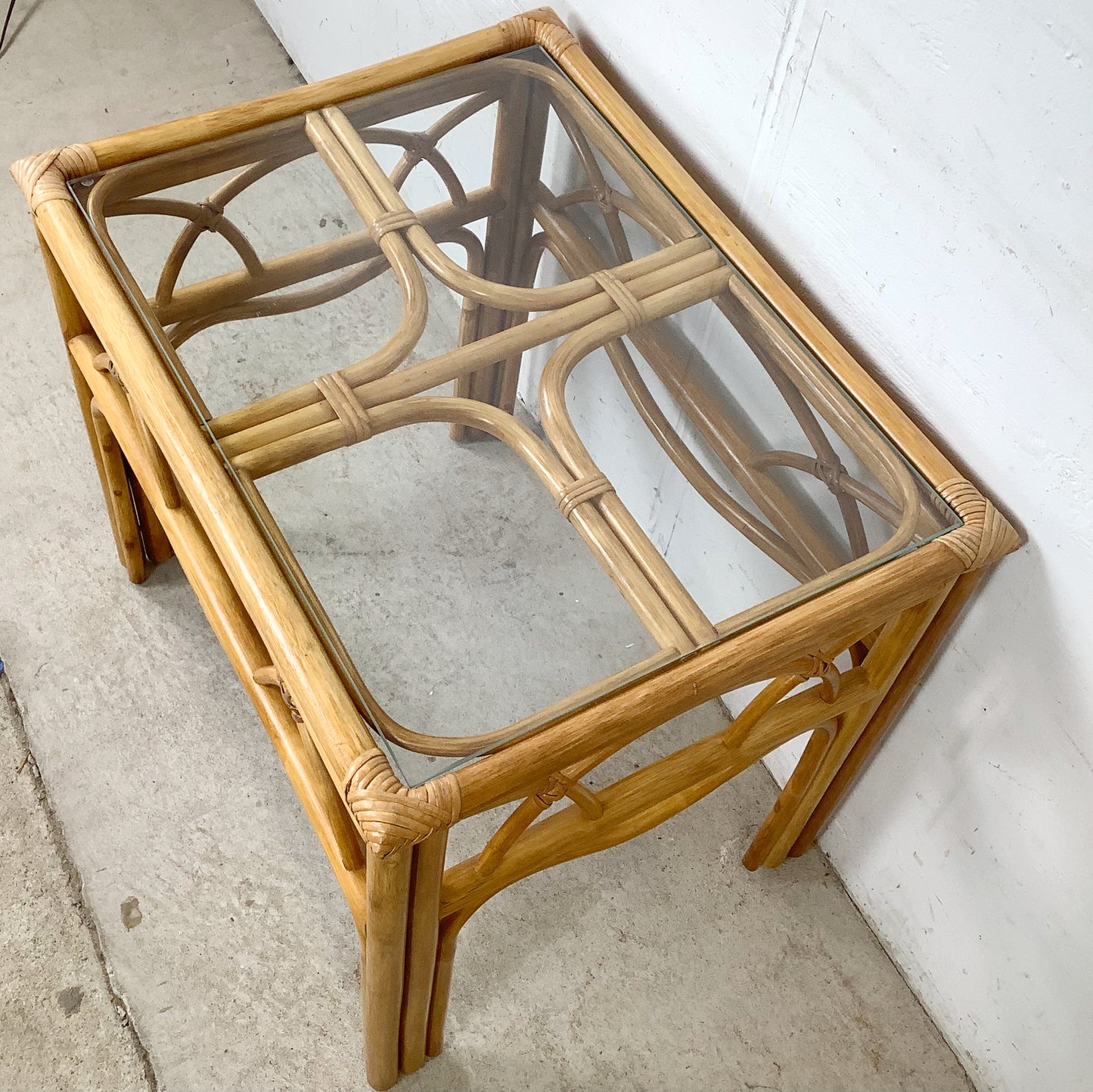 Vintage Bent Rattan Side Table with Inset Glass Top — Arch Apron, circa 1970s–1980s