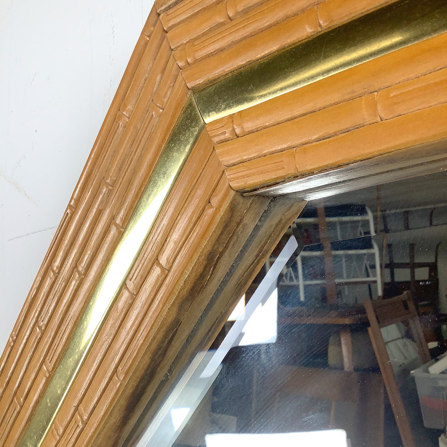 Vintage Modern Boho Octagonal Mirror with Faux Bamboo Wood Frame
