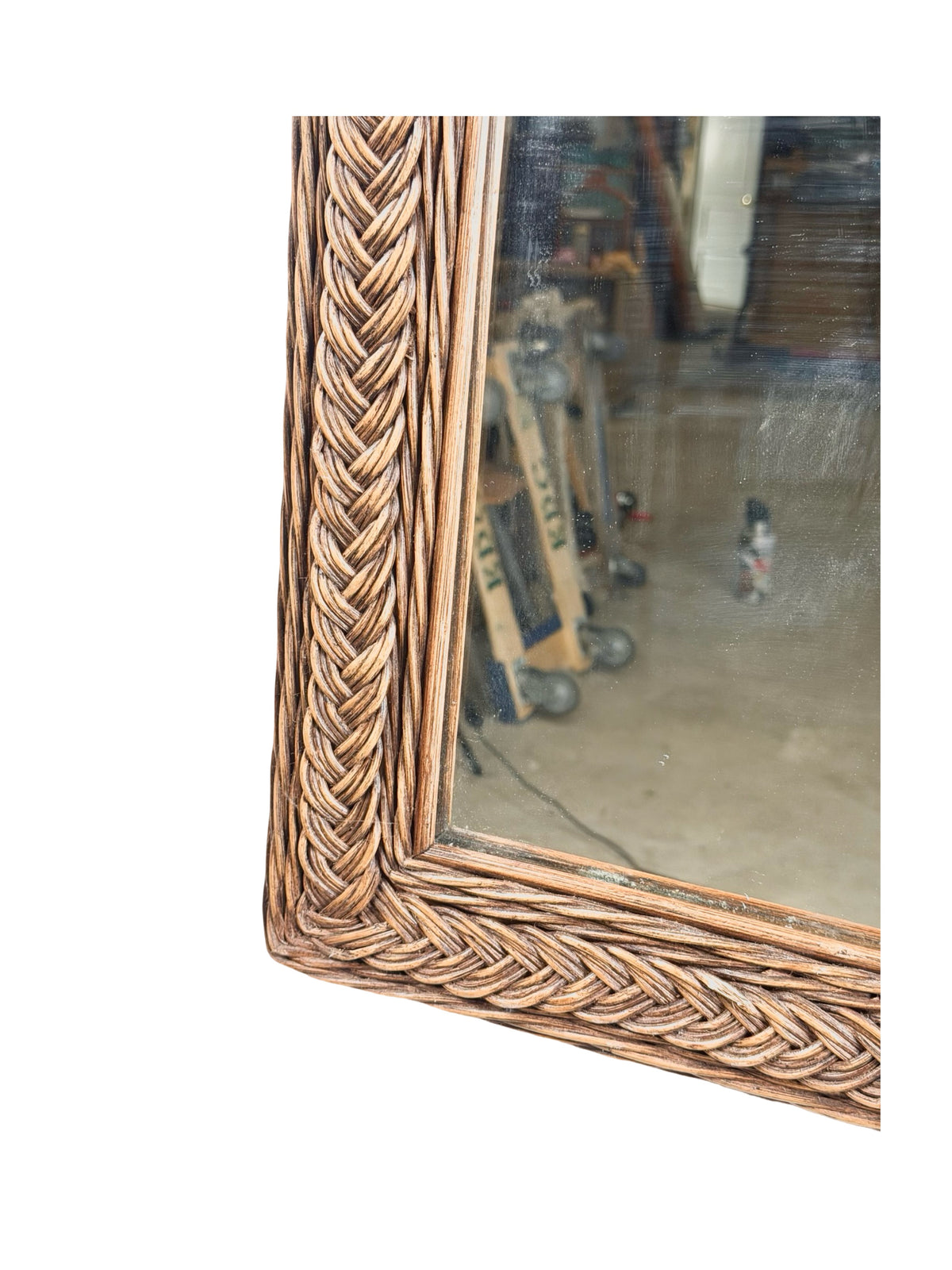 Vintage Arched Wicker Wall Mirror with Basket-Weave Panel and Braided Frame