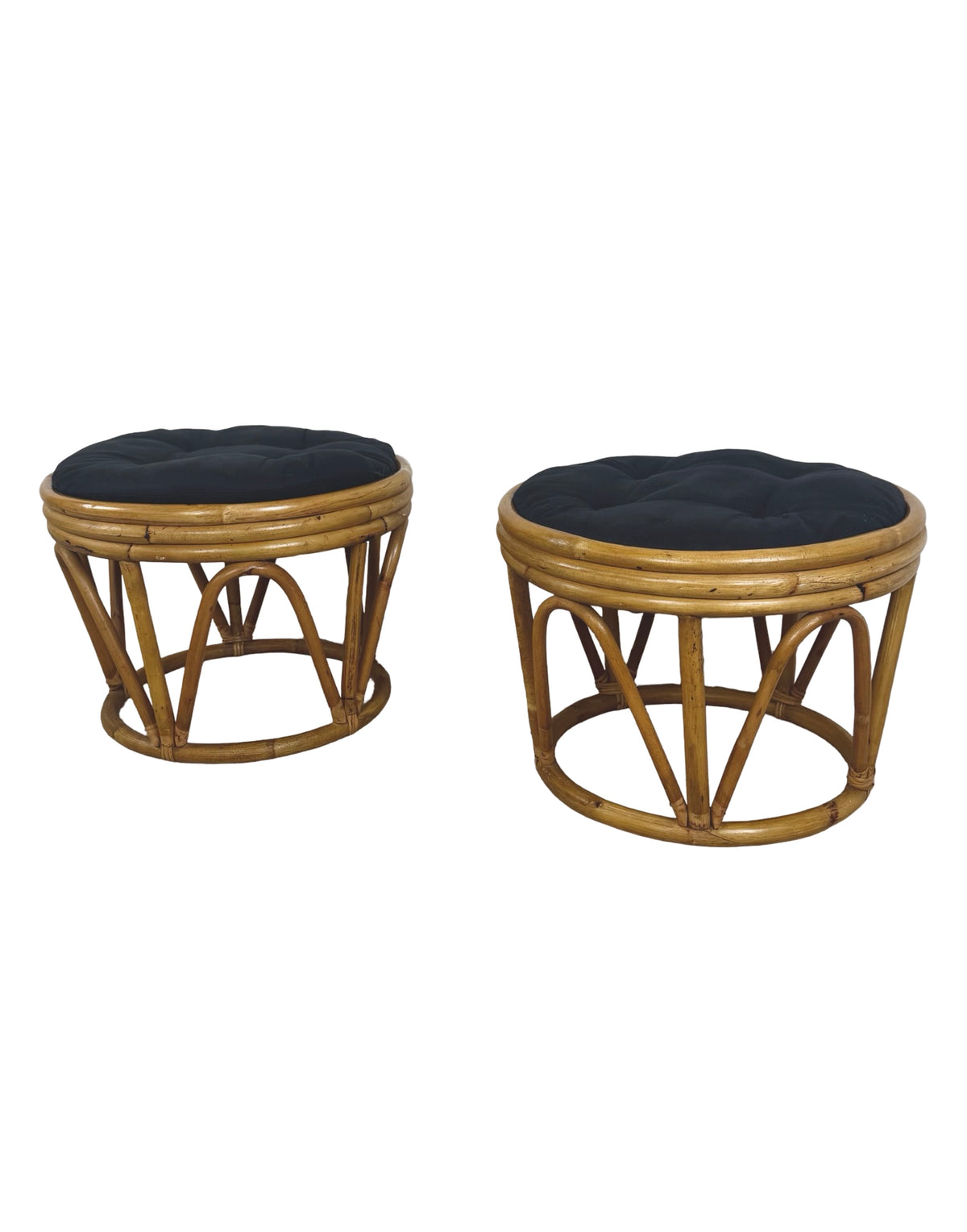 Pair of Vintage Rattan Bamboo Round Ottoman Footstools with Black Cushions, 1970s