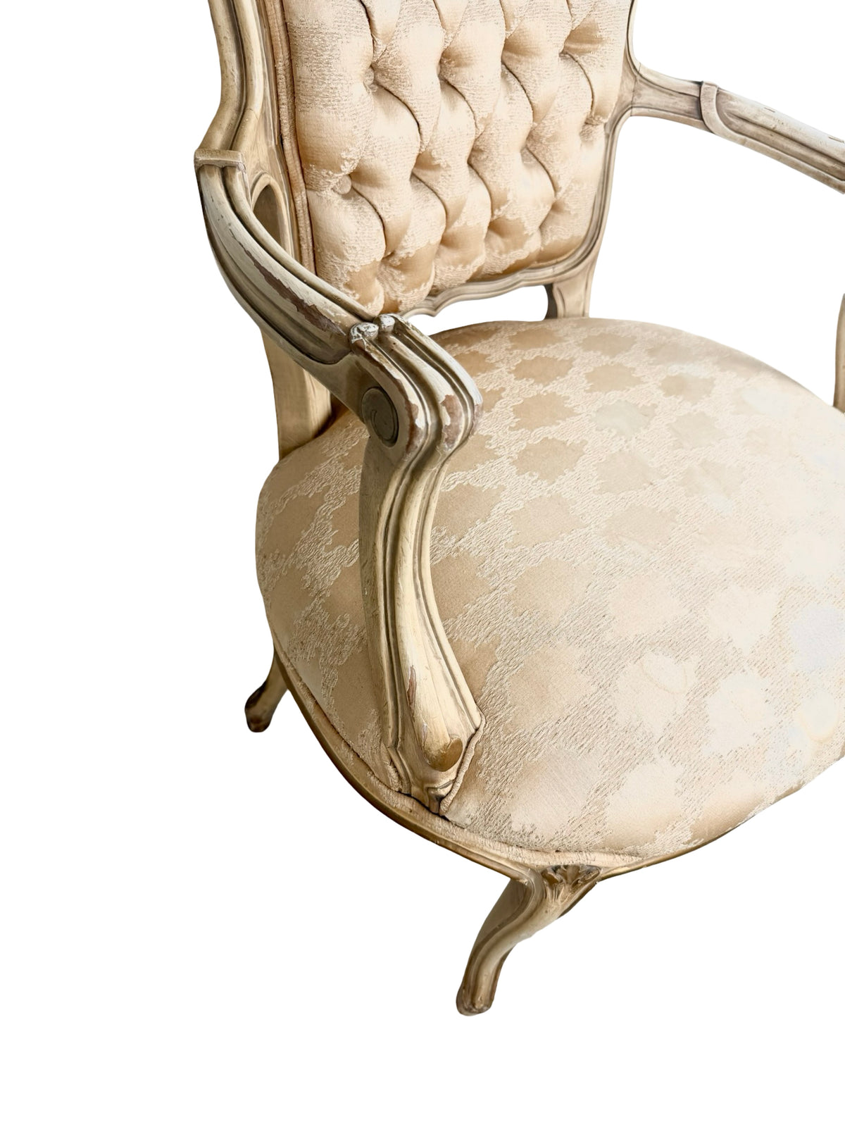 Vintage Louis XV Revival Armchair with Painted Frame, Tufted Back and Damask Seat