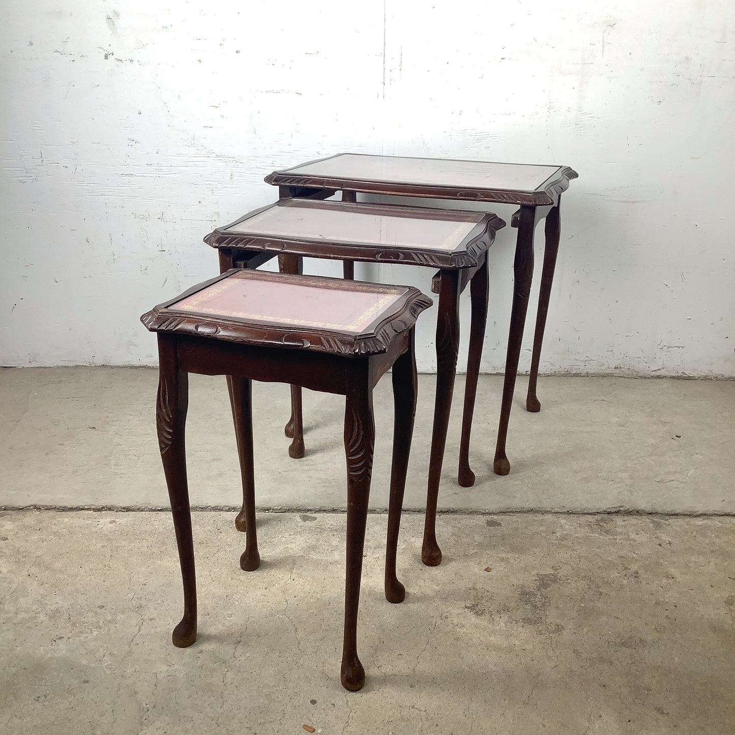 Vintage Queen Anne Style Nesting Tables with Tooled Leather Tops – Set of Three