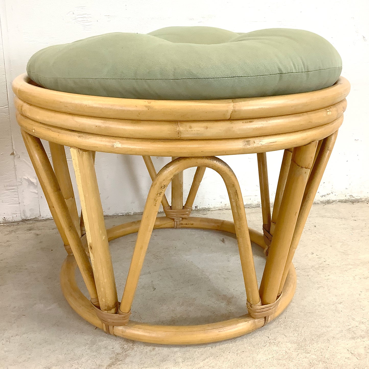 Pair Vintage Boho Rattan Footstools