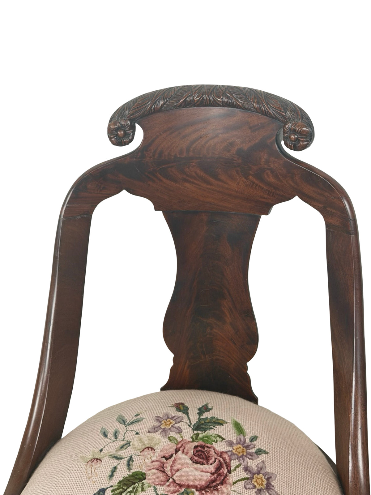 Antique Federal Style Carved Wood Side Chair with Floral Needlepoint Seat