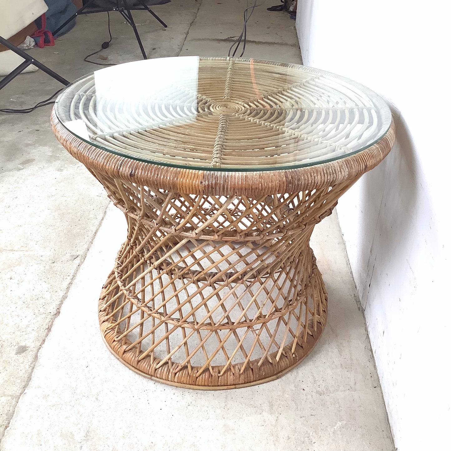 Vintage Wicker Drum Table With Glass Top