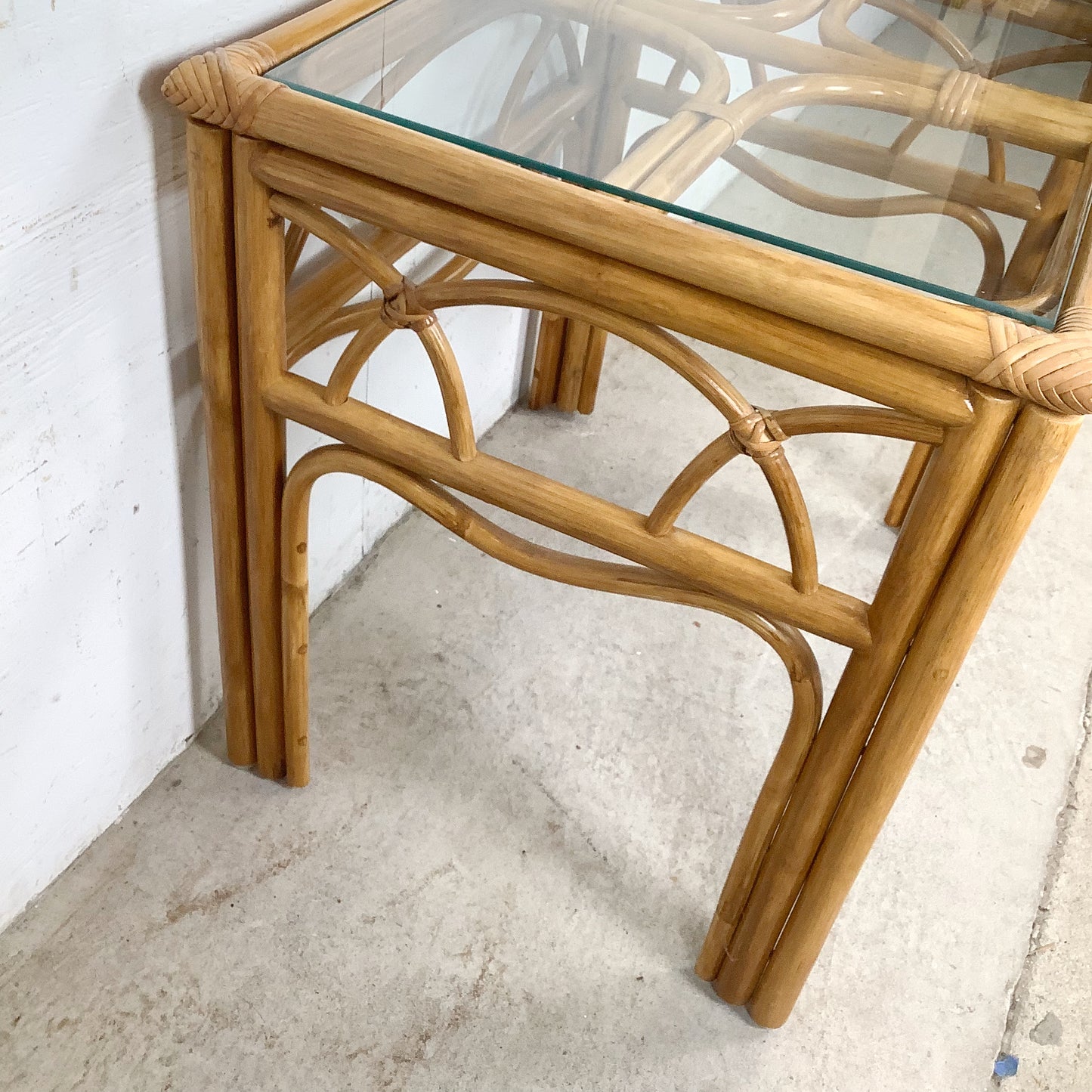 Vintage Bent Rattan Side Table with Inset Glass Top — Arch Apron, circa 1970s–1980s