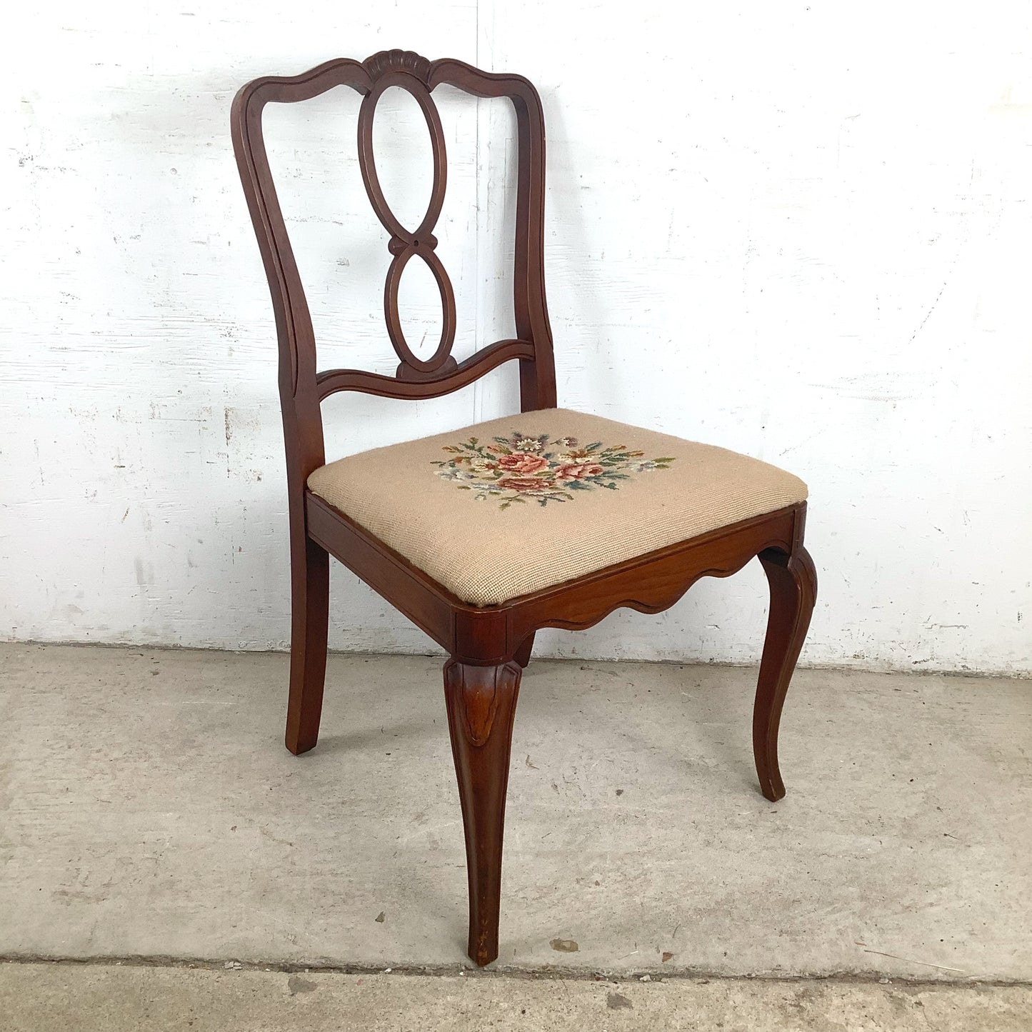 Vintage Queen Anne Style Side Chair with Needlepoint Upholstered Seat