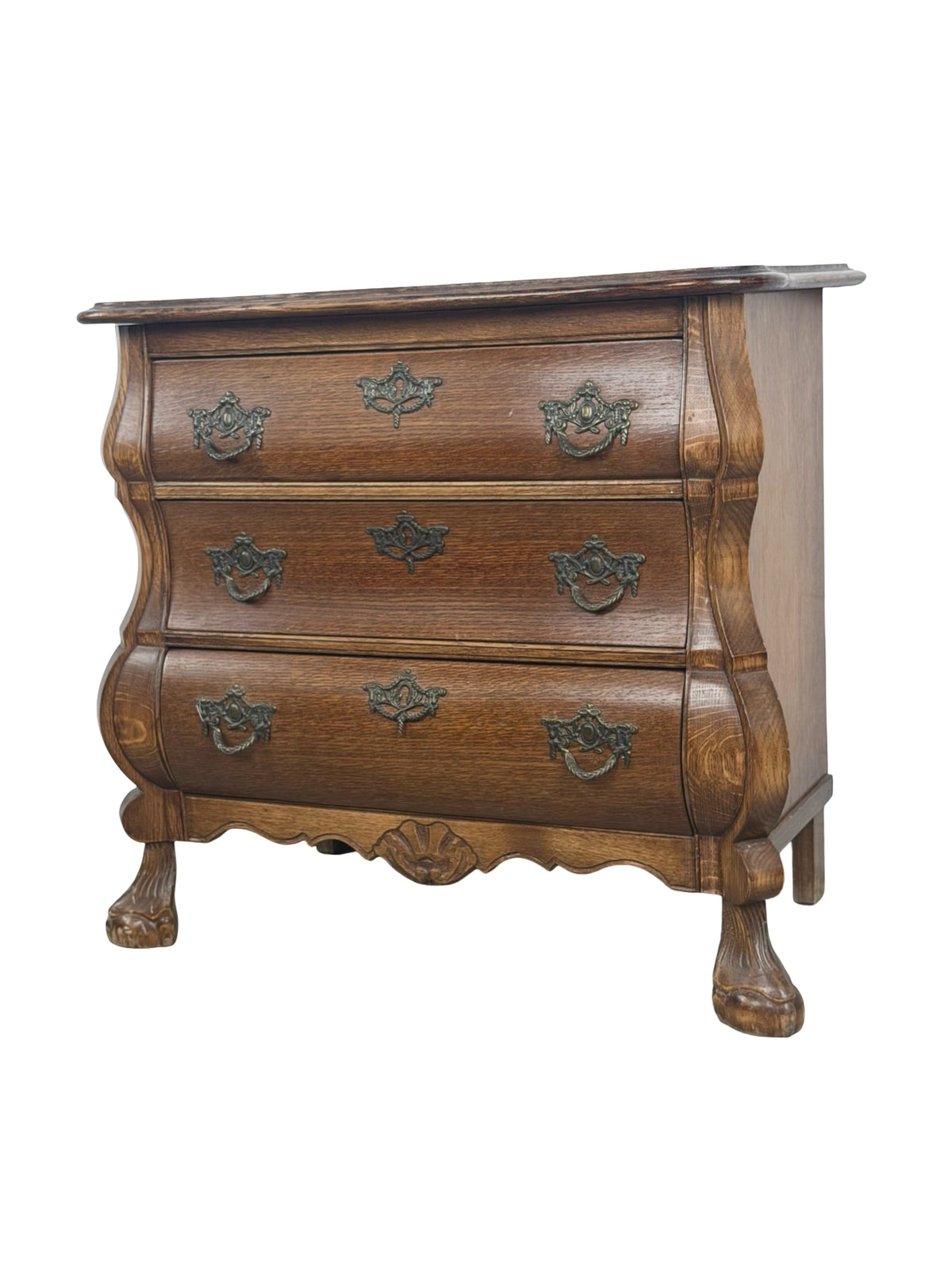 Vintage Dutch Baroque Revival Oak Bombé Three-Drawer Chest with Paw Feet