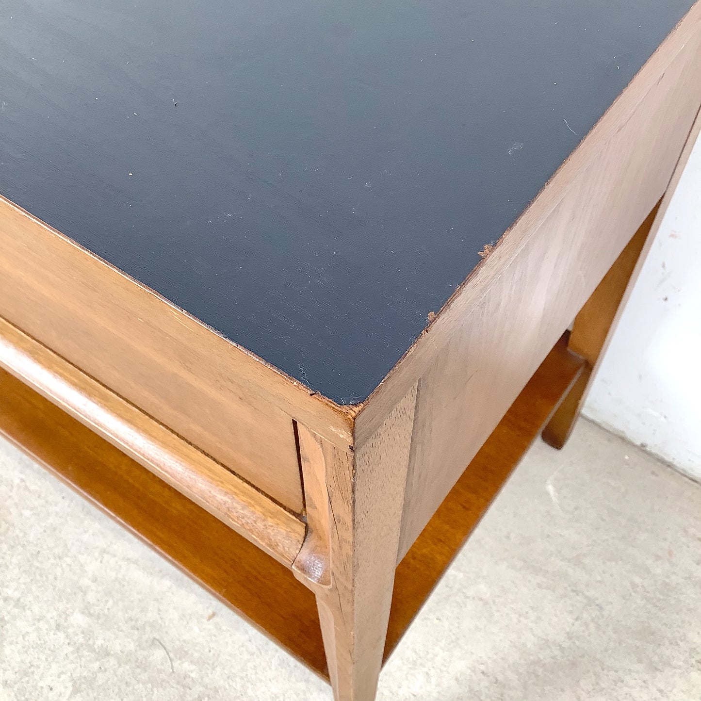 Mid-Century Nightstand with Black Top and Lower Shelf