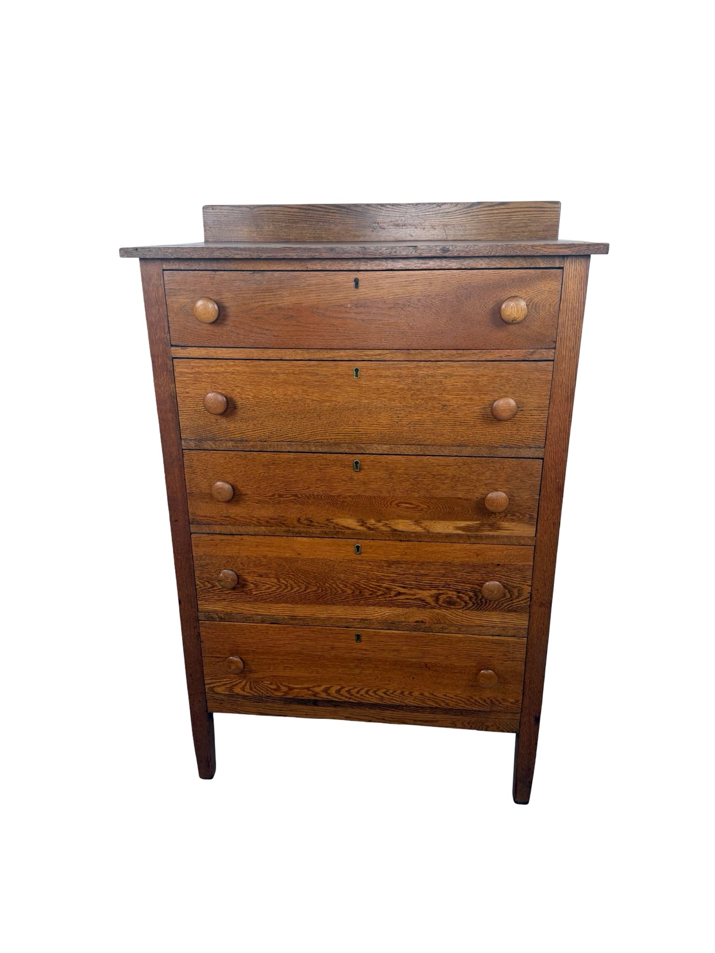 Antique Early 1900s Oak Five-Drawer Tall Chest of Drawers