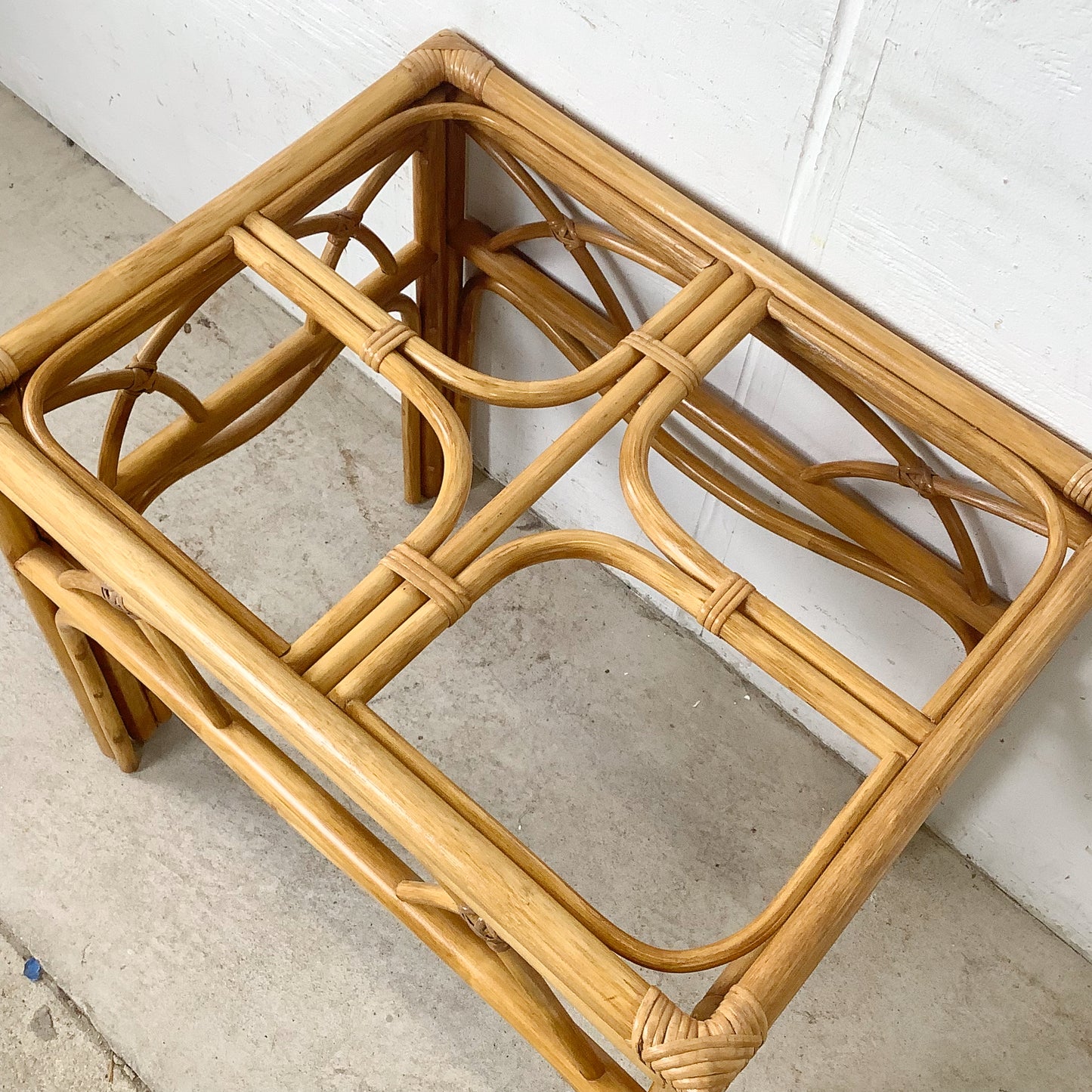 Vintage Bent Rattan Side Table with Inset Glass Top — Arch Apron, circa 1970s–1980s