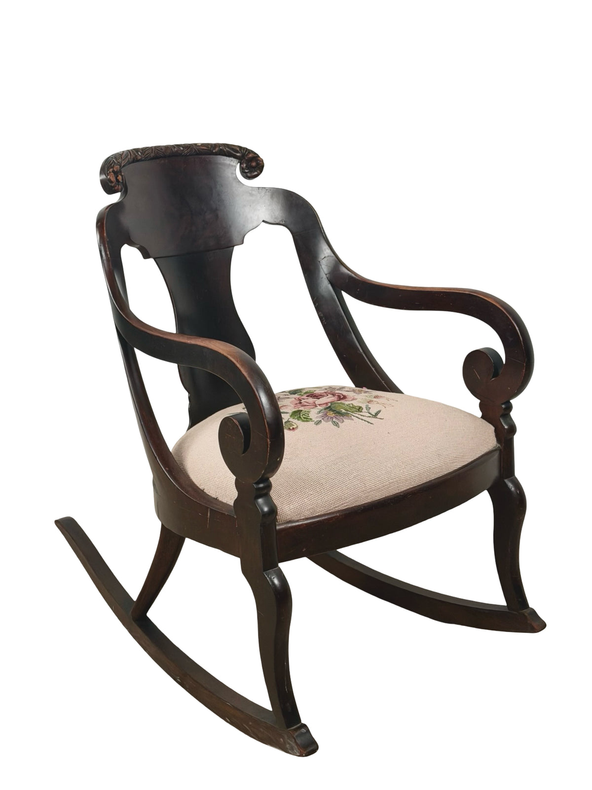 Antique American Classical Carved Wood Rocking Chair with Floral Needlepoint Seat