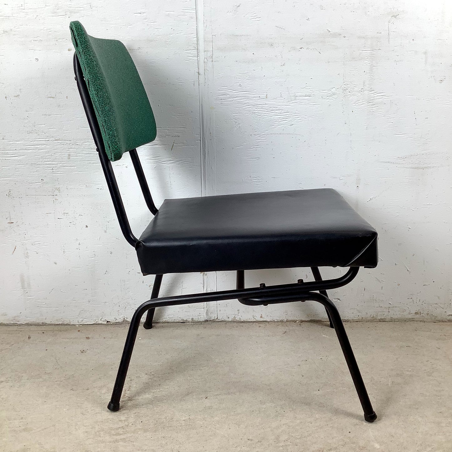 Vintage Mid-Century Modern Iron Rod Side Chair | Forest Green Tweed Back | Black Vinyl Seat | Paul McCobb / Arbuck Manner | c. 1950s