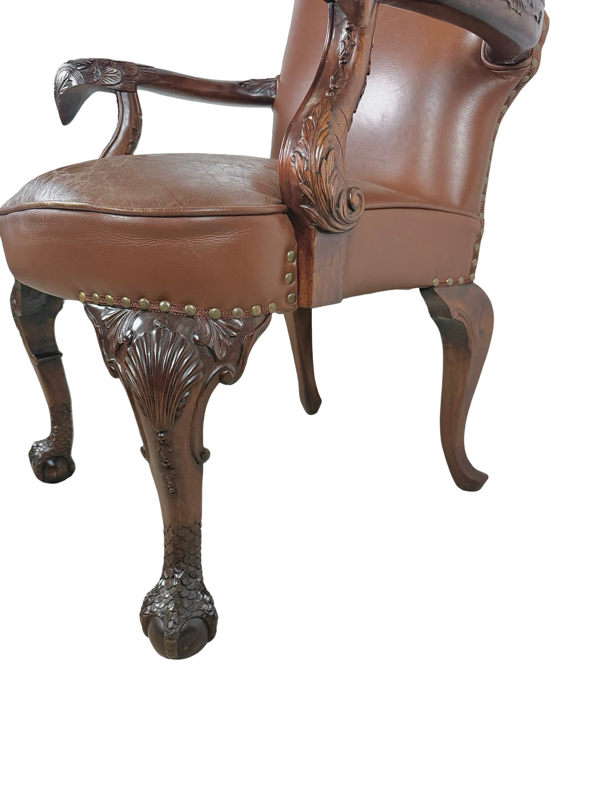 Vintage Maitland-Smith Carved Wood & Brown Leather Armchair
