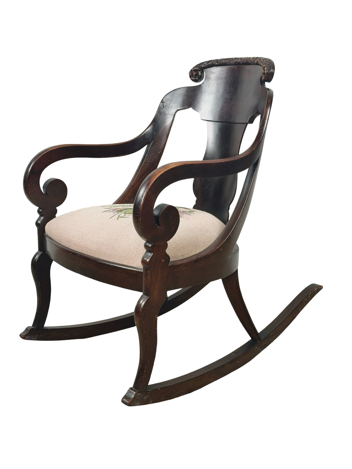 Antique American Classical Carved Wood Rocking Chair with Floral Needlepoint Seat