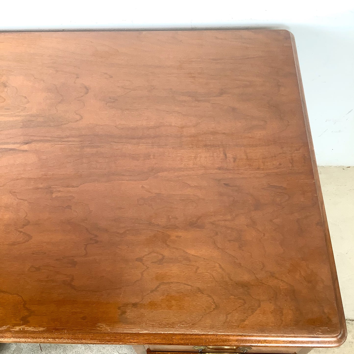 Antique Queen Anne Revival Kneehole Pedestal Desk | Burl Walnut | Brass Bail Pulls | Bun Feet |c. 20th C