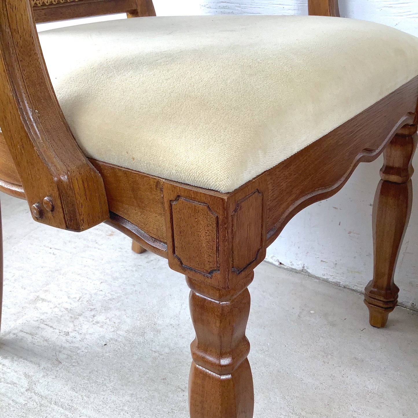 Pair of Vintage Provincial High-Back Cane Armchairs — Walnut, Burlwood Crest, 1970s