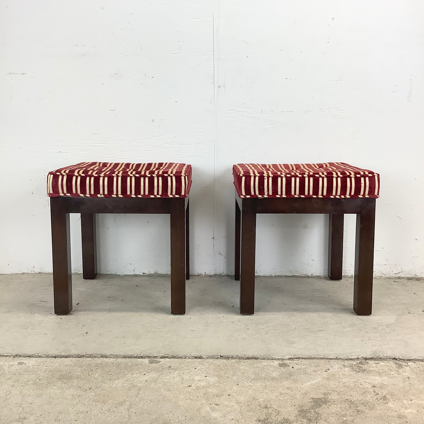 Pair of Vintage Mid-Century Tufted Footstools with Striped Fabric