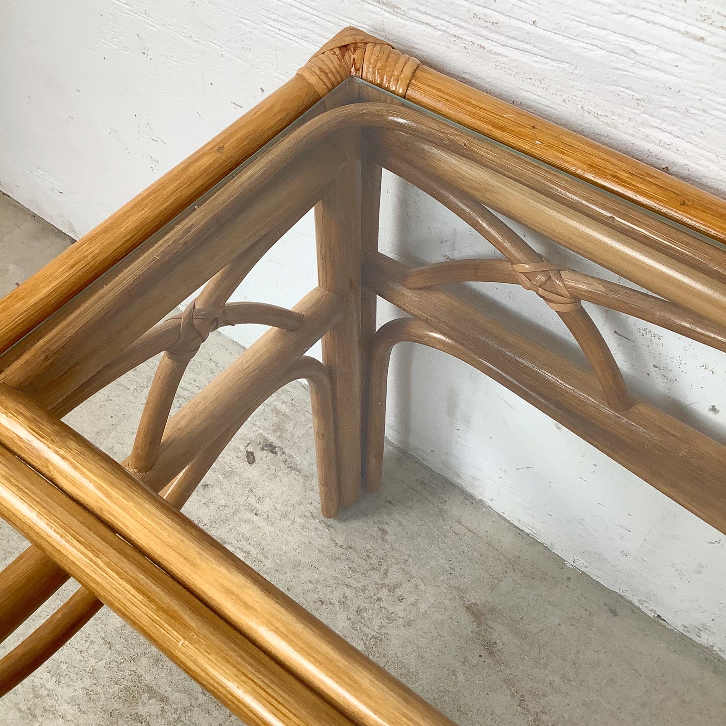 Vintage Rattan Cocktail Table, Cathedral Arch Apron with Glass Top