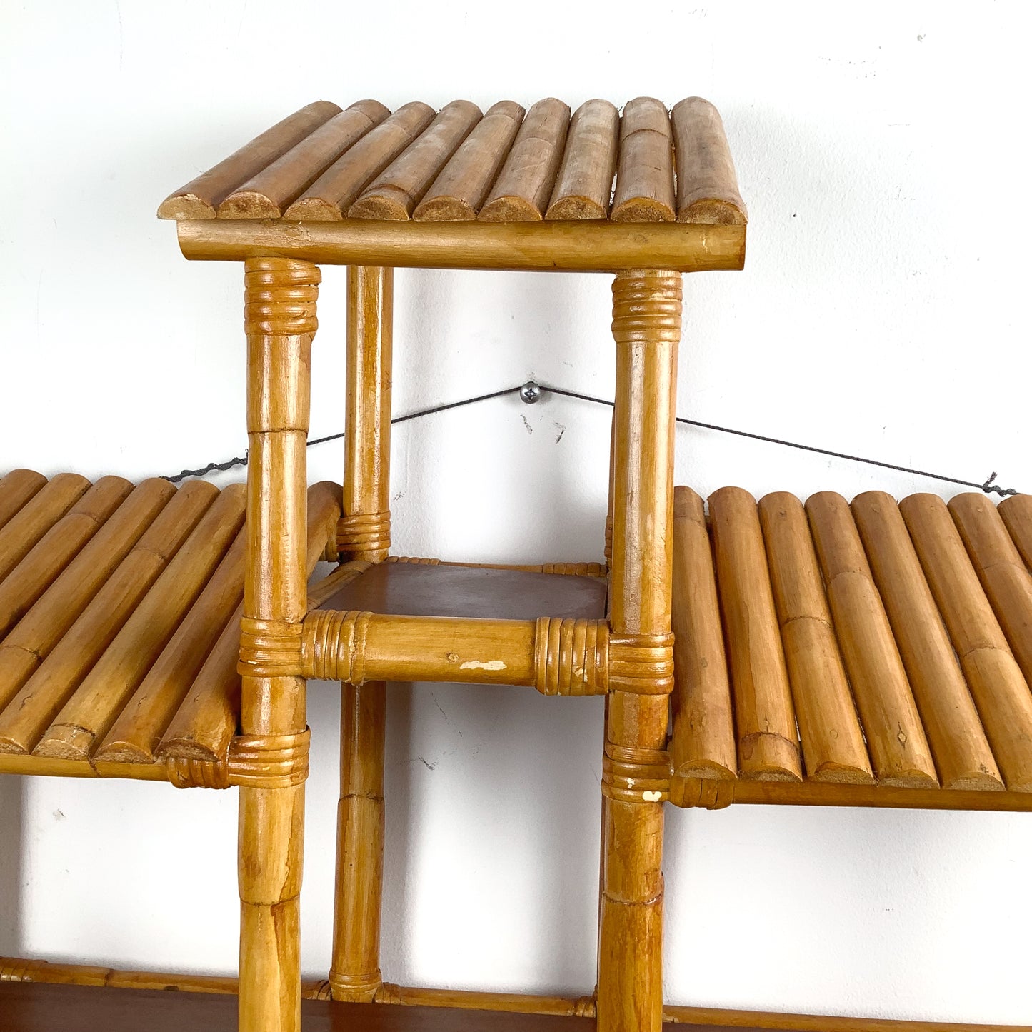 Vintage Bamboo & Rattan Stepped Hanging Wall Shelf | Paul Frankl Skyscraper Style | 1970s Boho Tropical