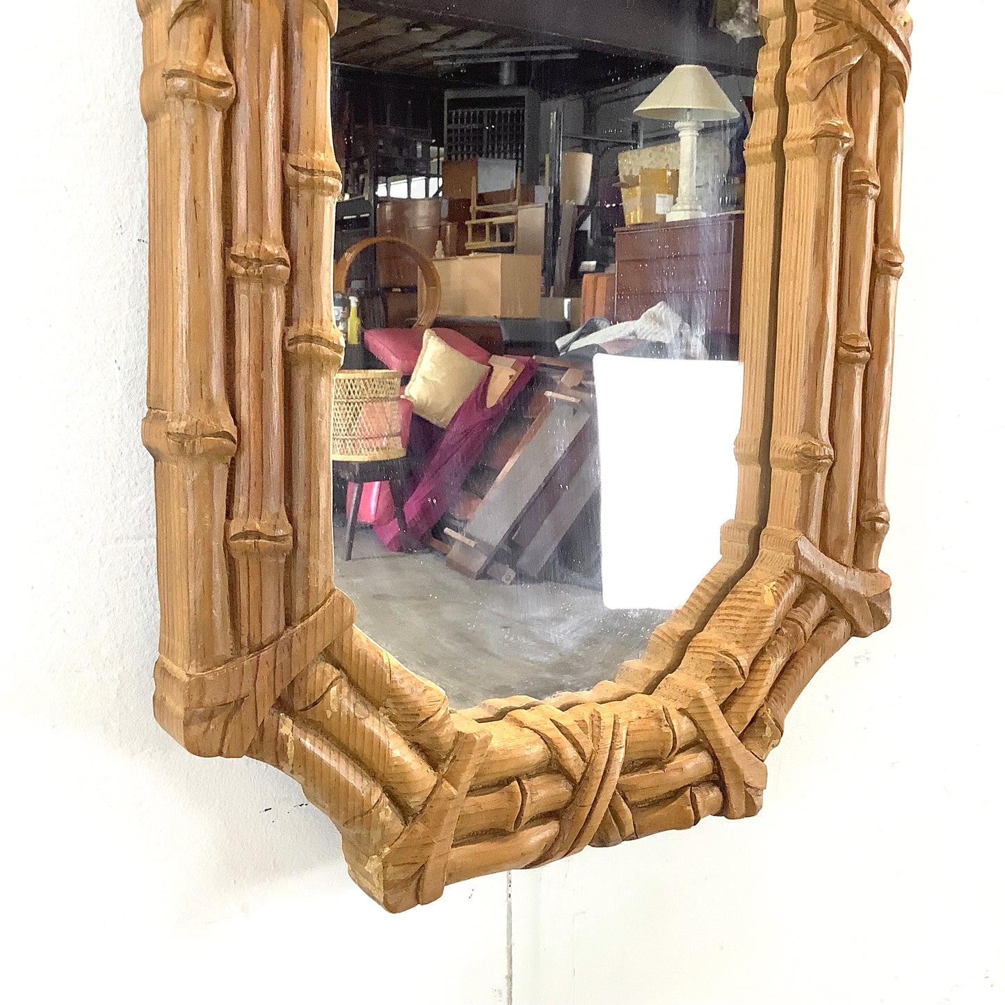 Natural Wood Faux Bamboo Mirror – 1970s Bohemian Coastal Design