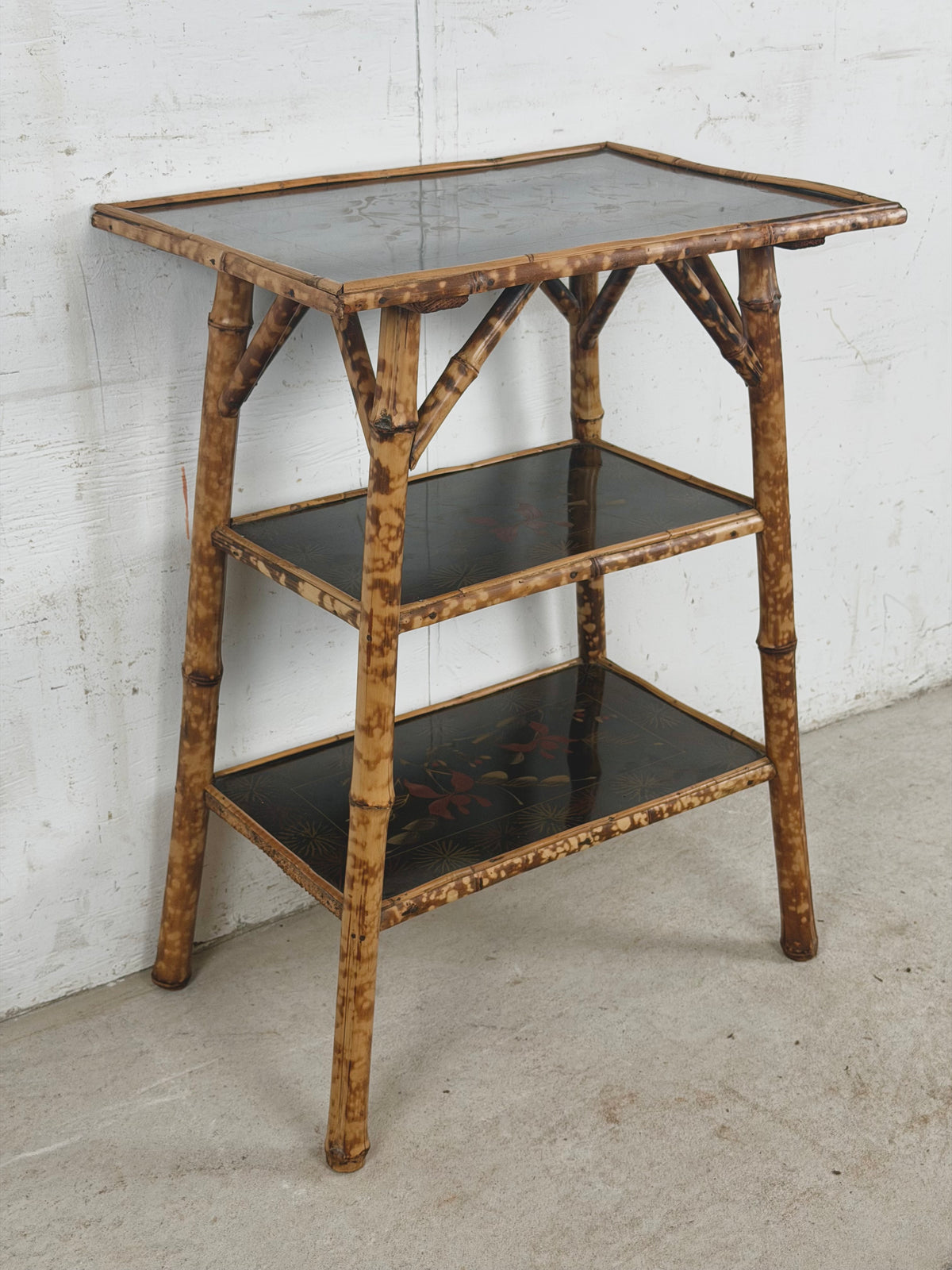 Antique Victorian Aesthetic Movement Tiger Bamboo Three-Tier Side Table with Floral Shelves