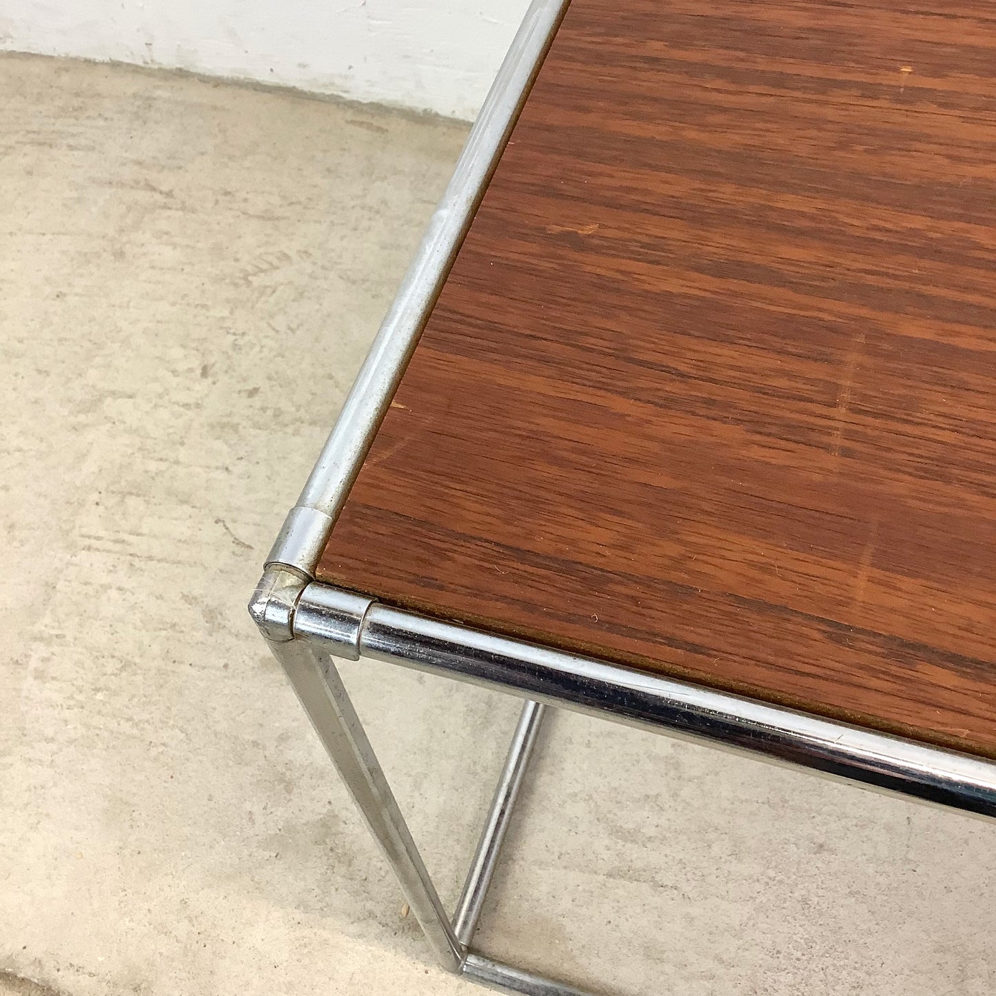 Vintage Chrome Cube Frame Table With Walnut Top