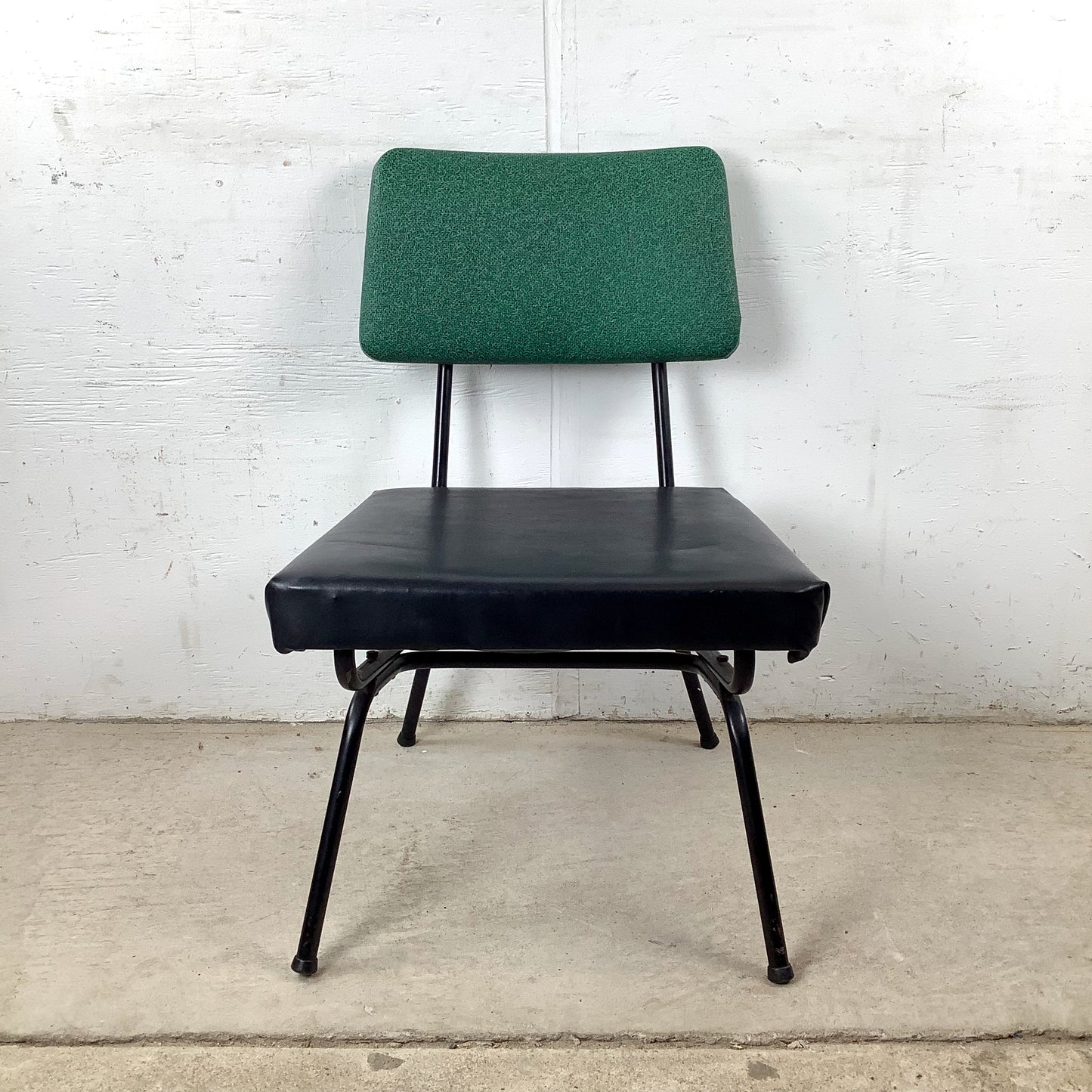 Vintage Mid-Century Modern Iron Rod Side Chair | Forest Green Tweed Back | Black Vinyl Seat | Paul McCobb / Arbuck Manner | c. 1950s