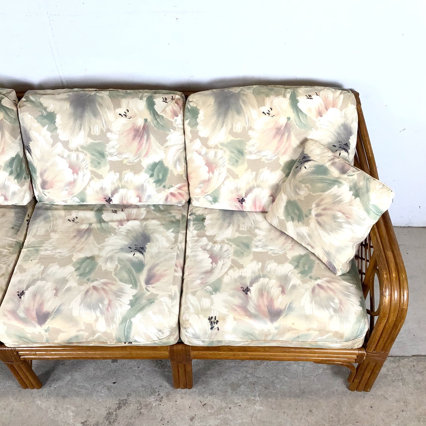 Vintage Rattan Three-Seat Sofa, Diamond Lattice Arms