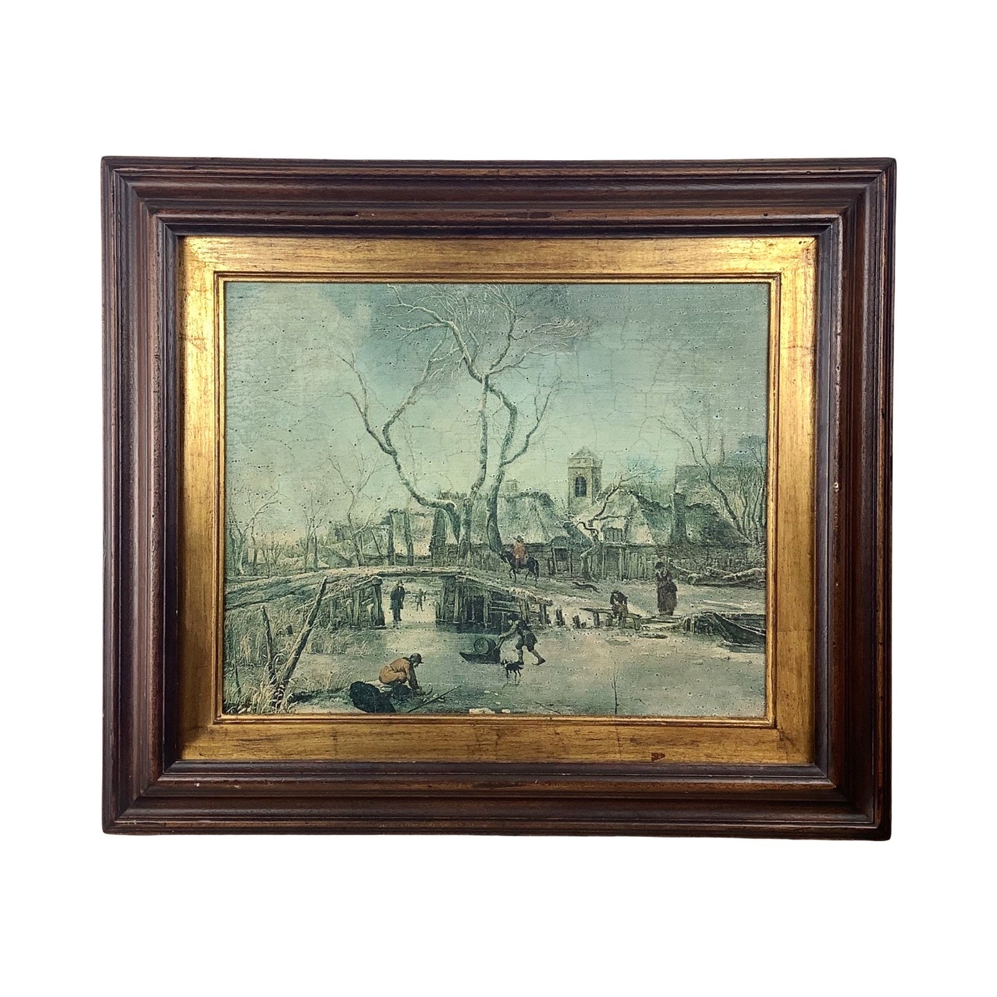 Antique Framed Winter Village Landscape, European Decorative Print