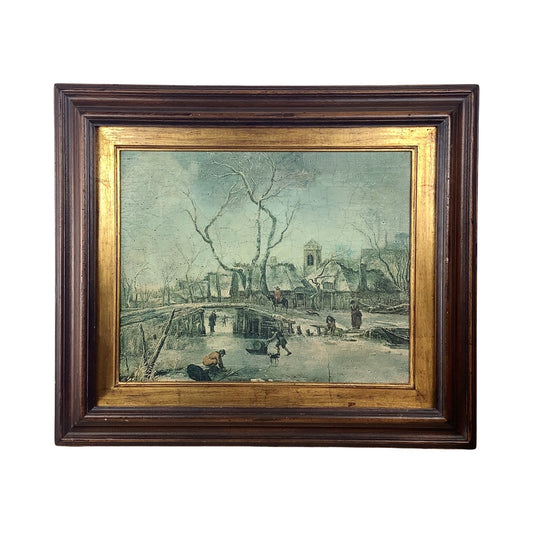 Antique Framed Winter Village Landscape, European Decorative Print