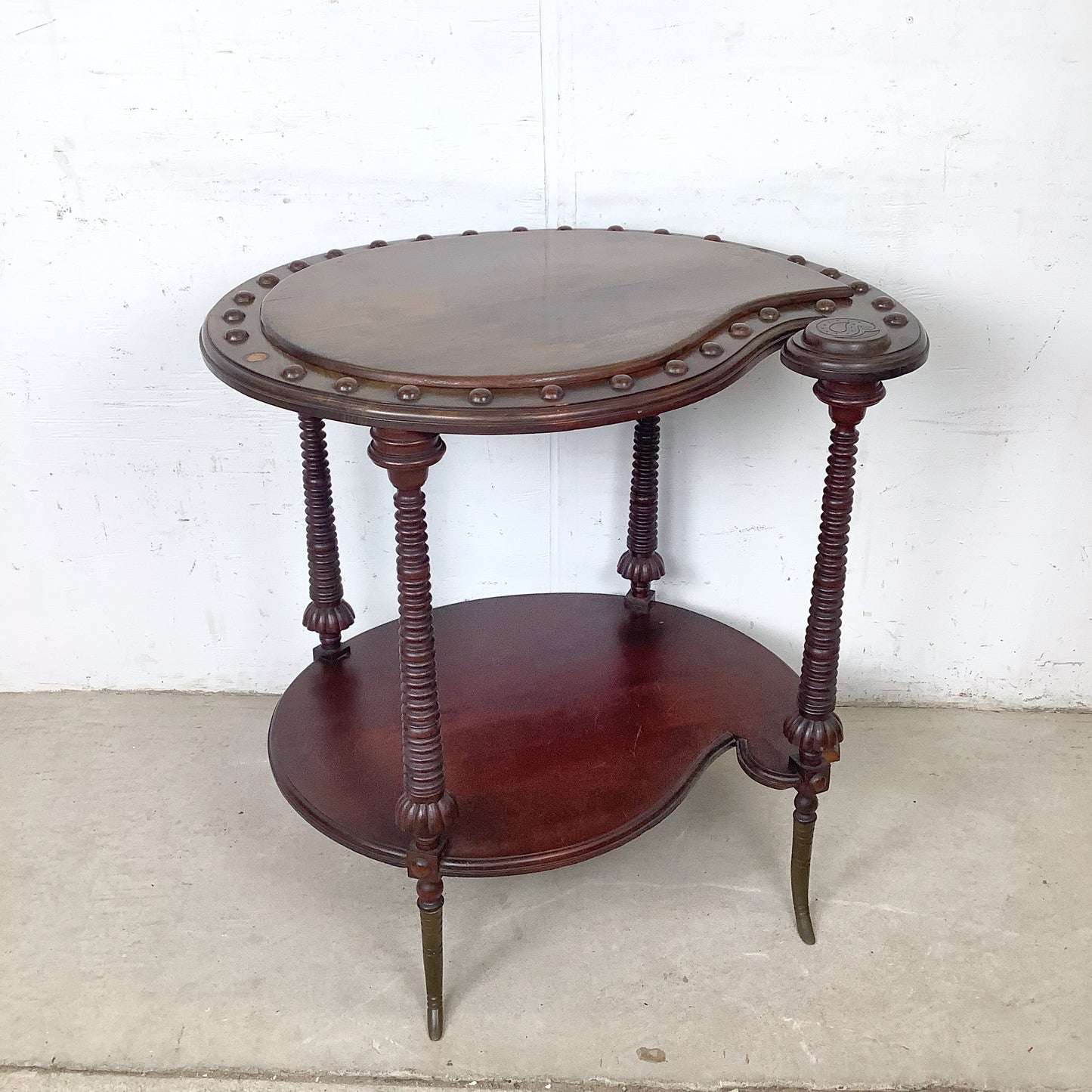 Antique Mahogany Two-Tier Kidney Table | Bobbin Turning | Brass Sabre Feet